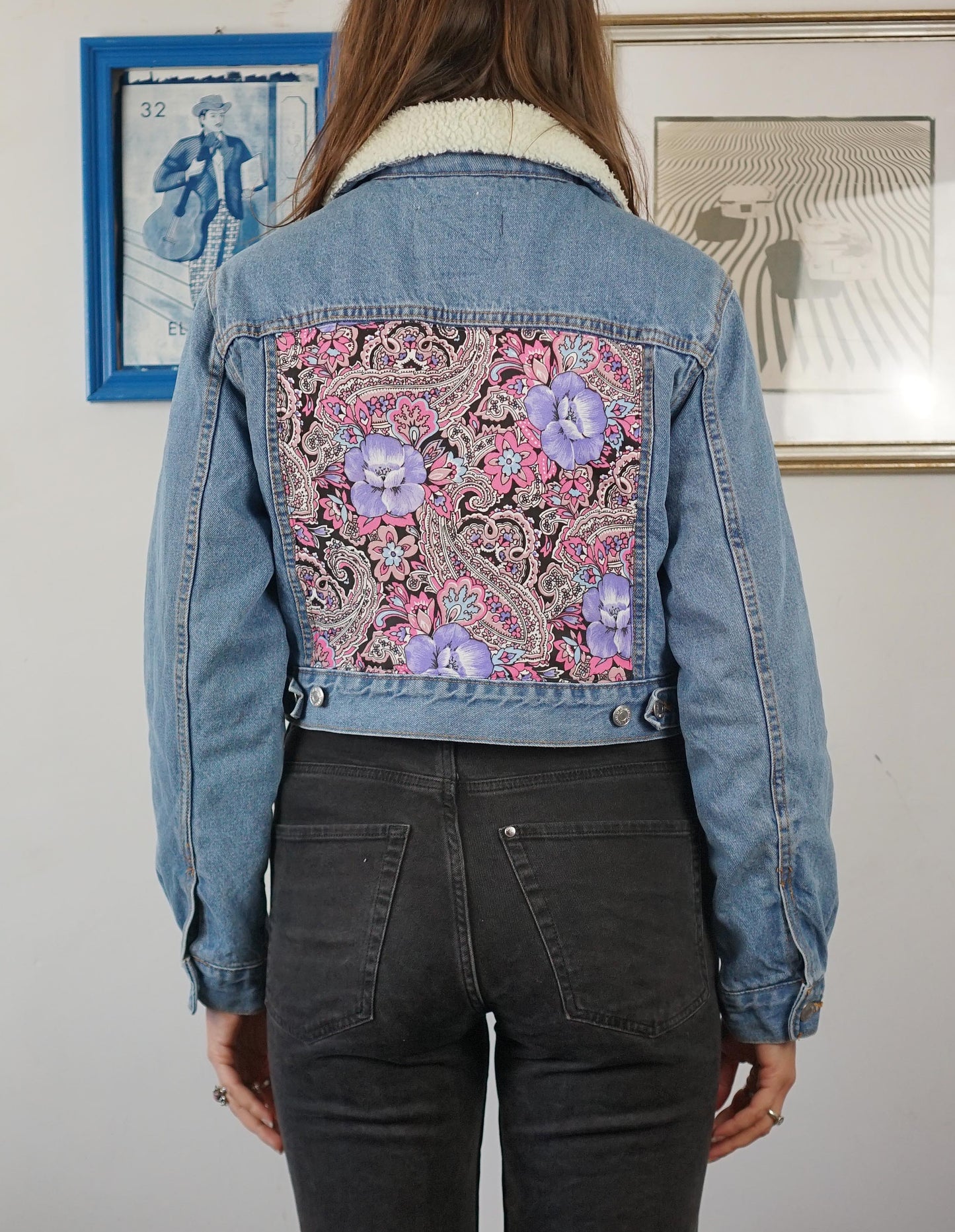Custom Denim Sherpa Jacket - Fiori Notturni