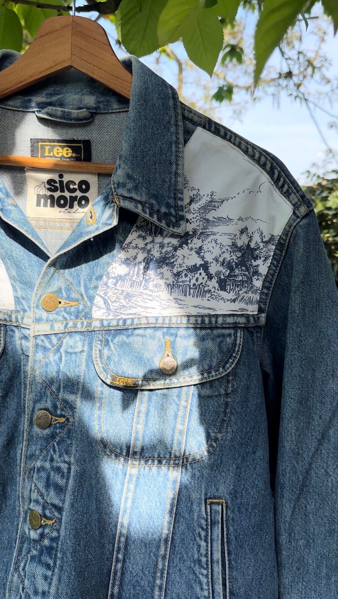 Custom denim jacket stampa toile de jouy