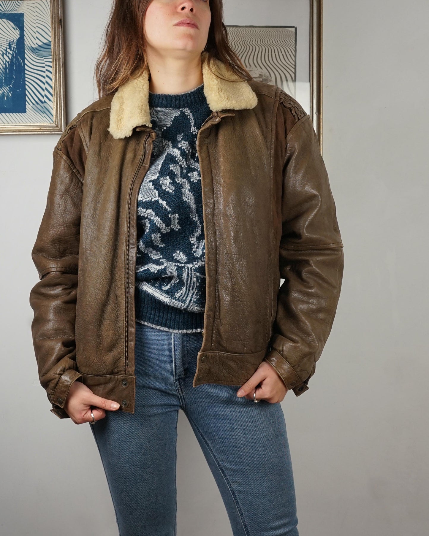 Vintage aviator Jacket in pelle con collo in montone