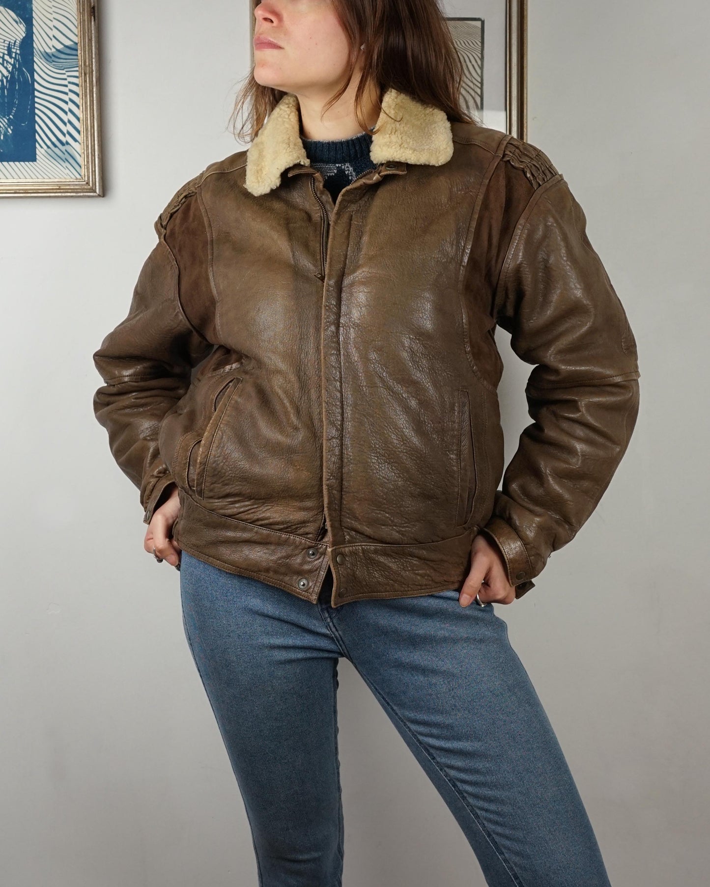 Vintage aviator Jacket in pelle con collo in montone