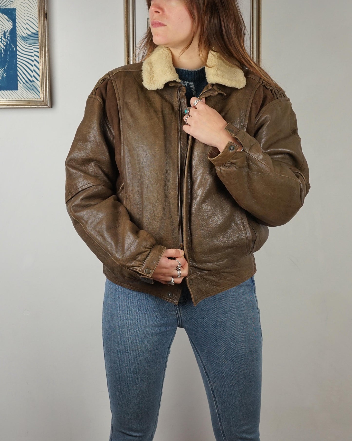 Vintage aviator Jacket in pelle con collo in montone