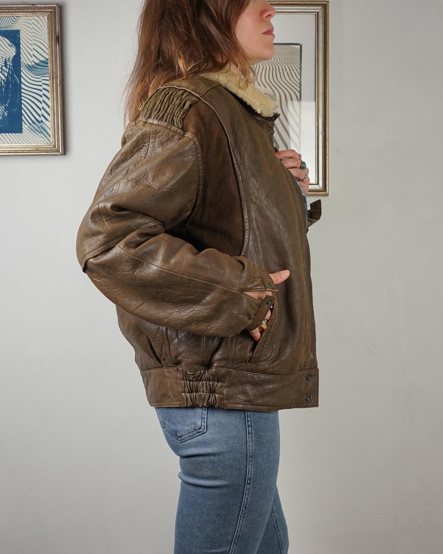 Vintage aviator Jacket in pelle con collo in montone