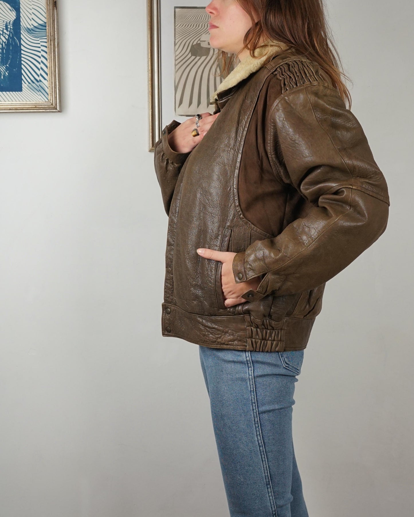 Vintage aviator Jacket in pelle con collo in montone