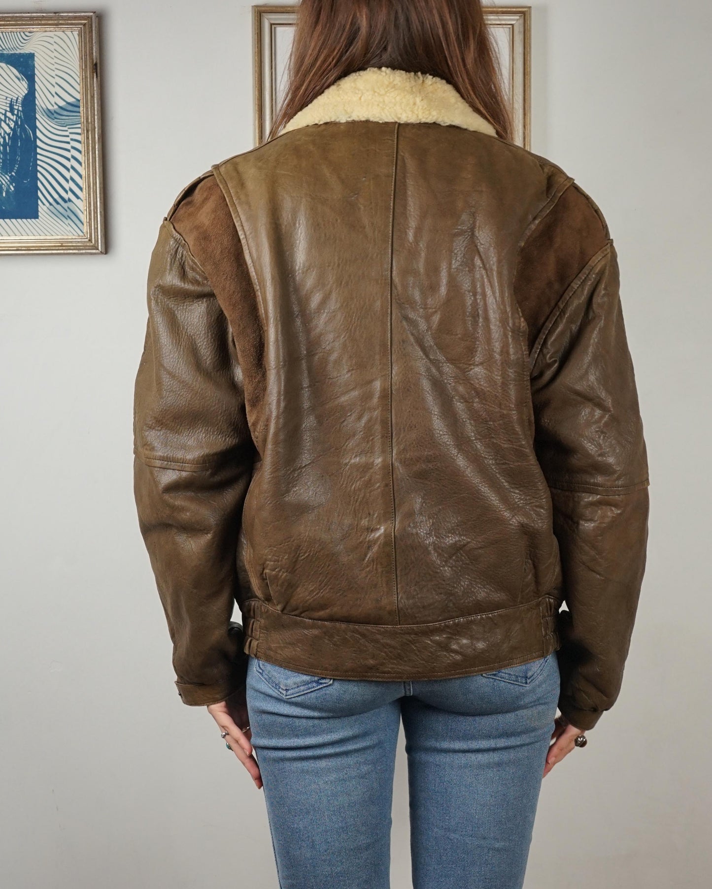Vintage aviator Jacket in pelle con collo in montone