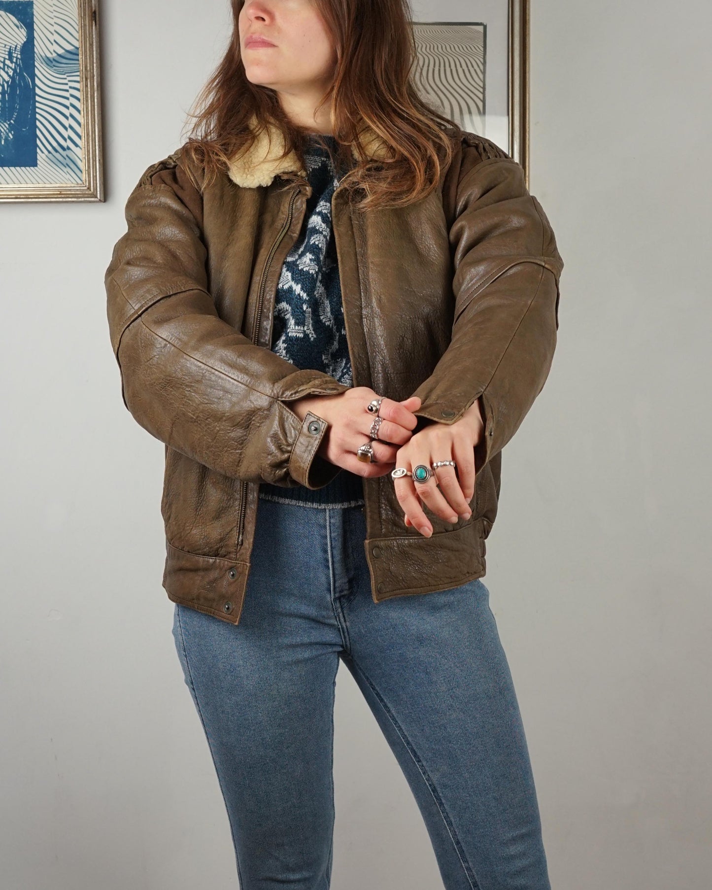 Vintage aviator Jacket in pelle con collo in montone