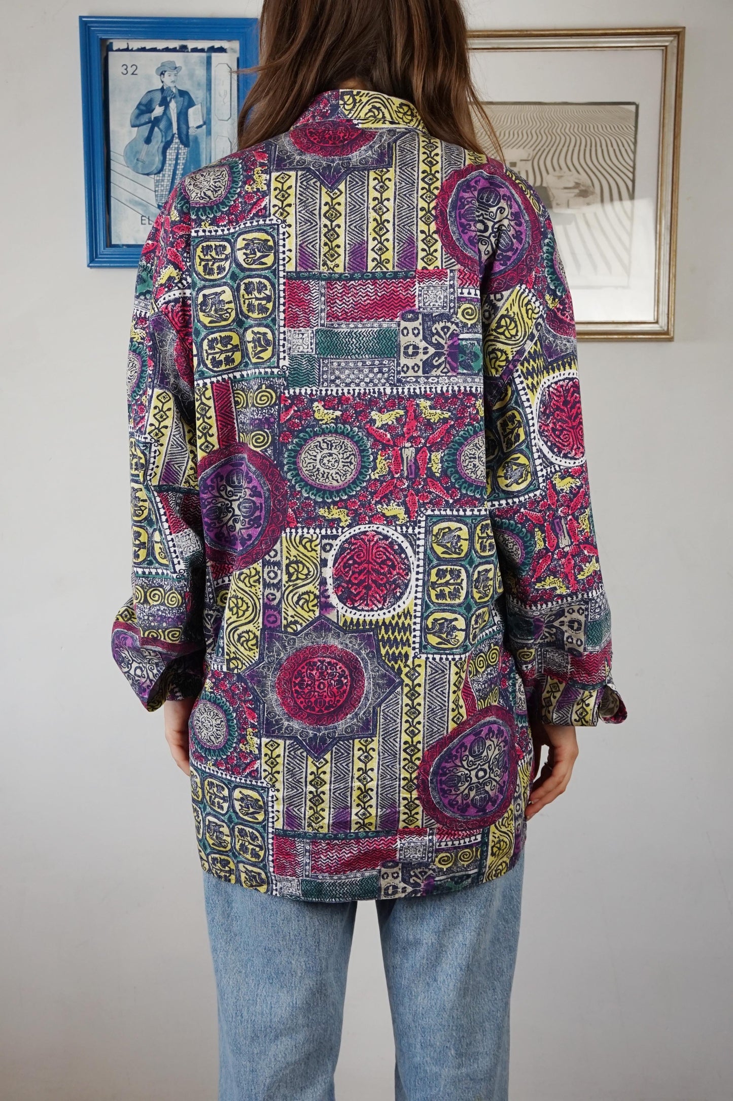 Camicia over in cotone Made in Italy con motivi multicolor