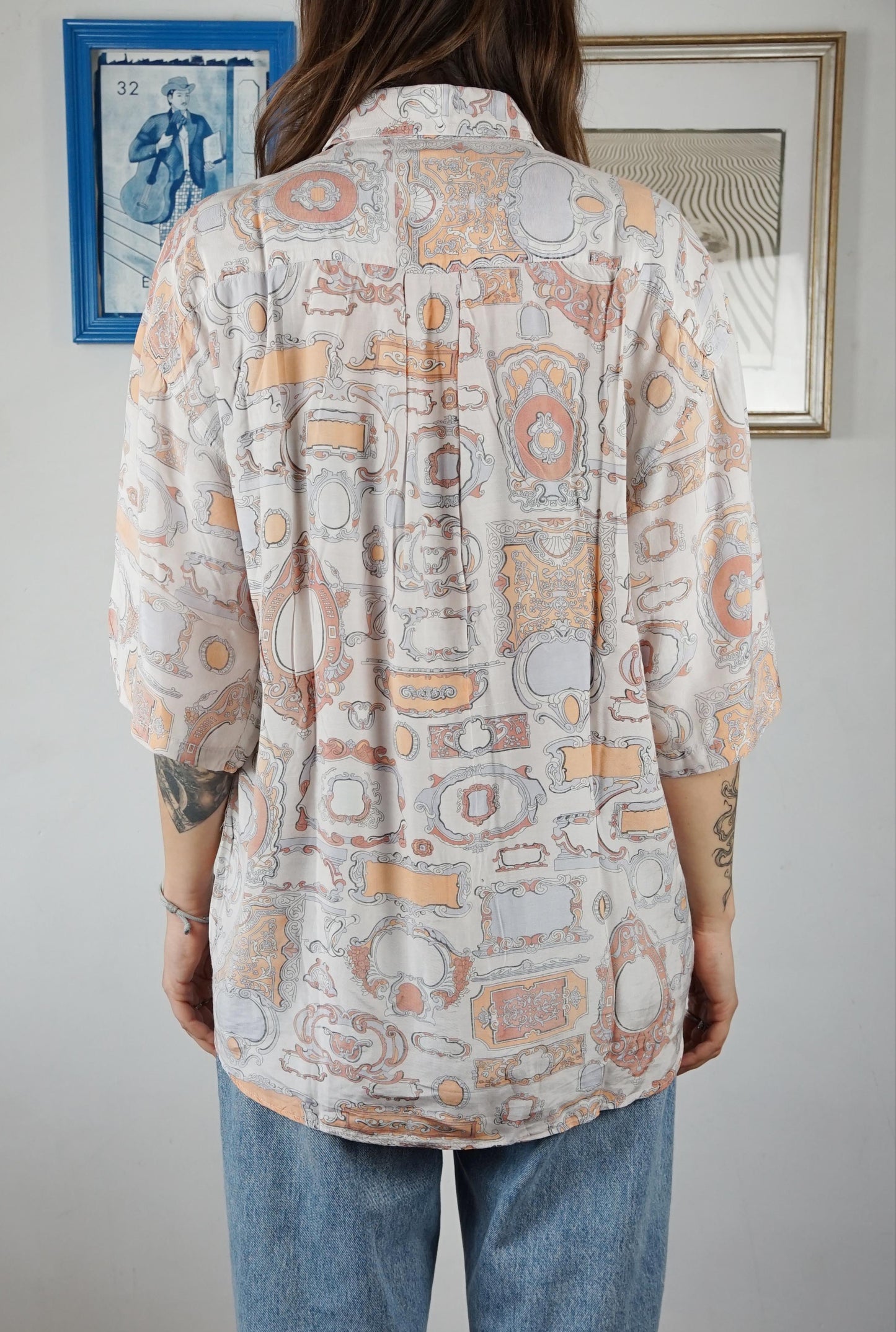 Camicia con pattern cornici bianco e albicocca