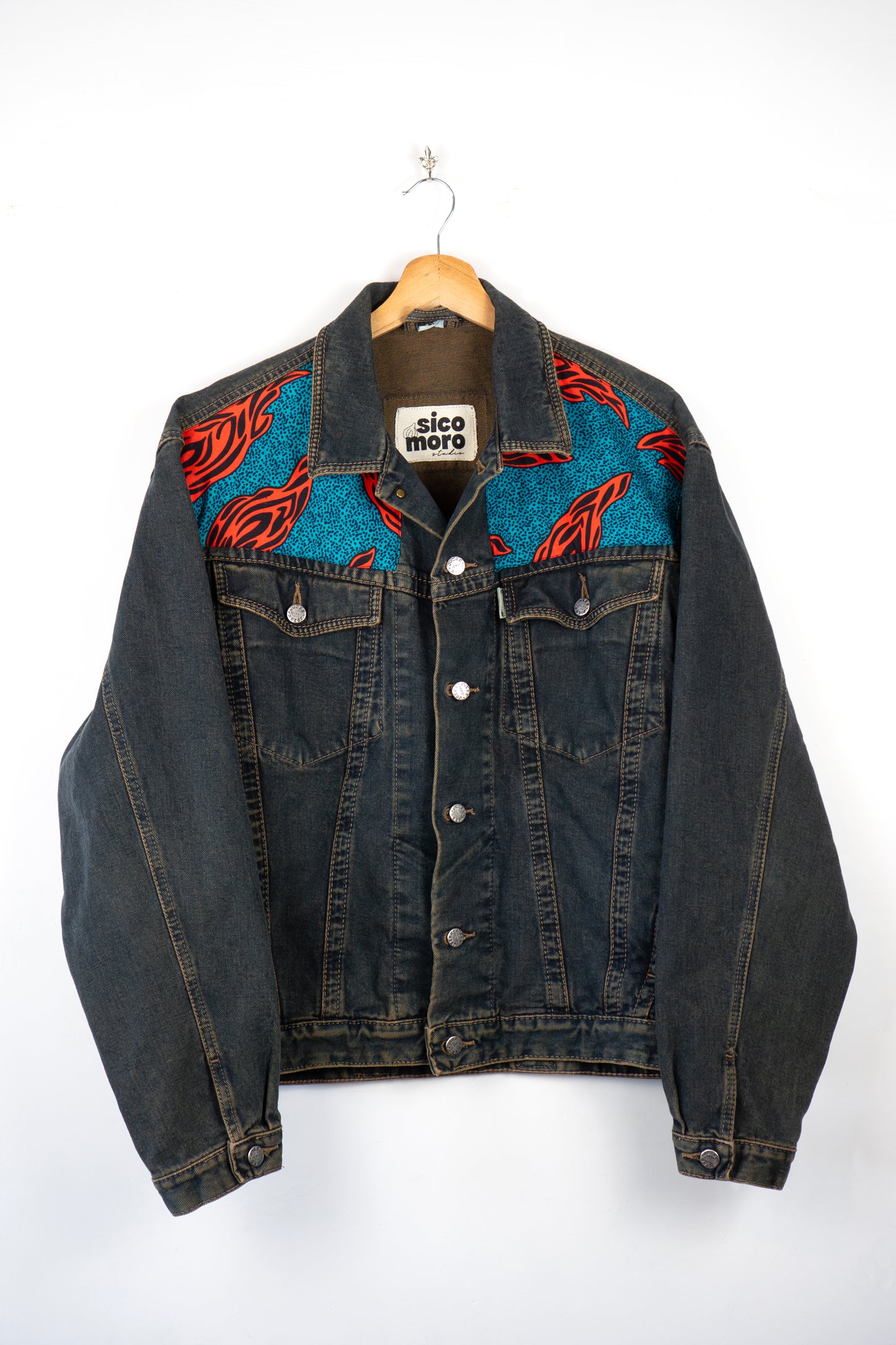 Deep Blue Custom Denim Jacket - Electric Coral