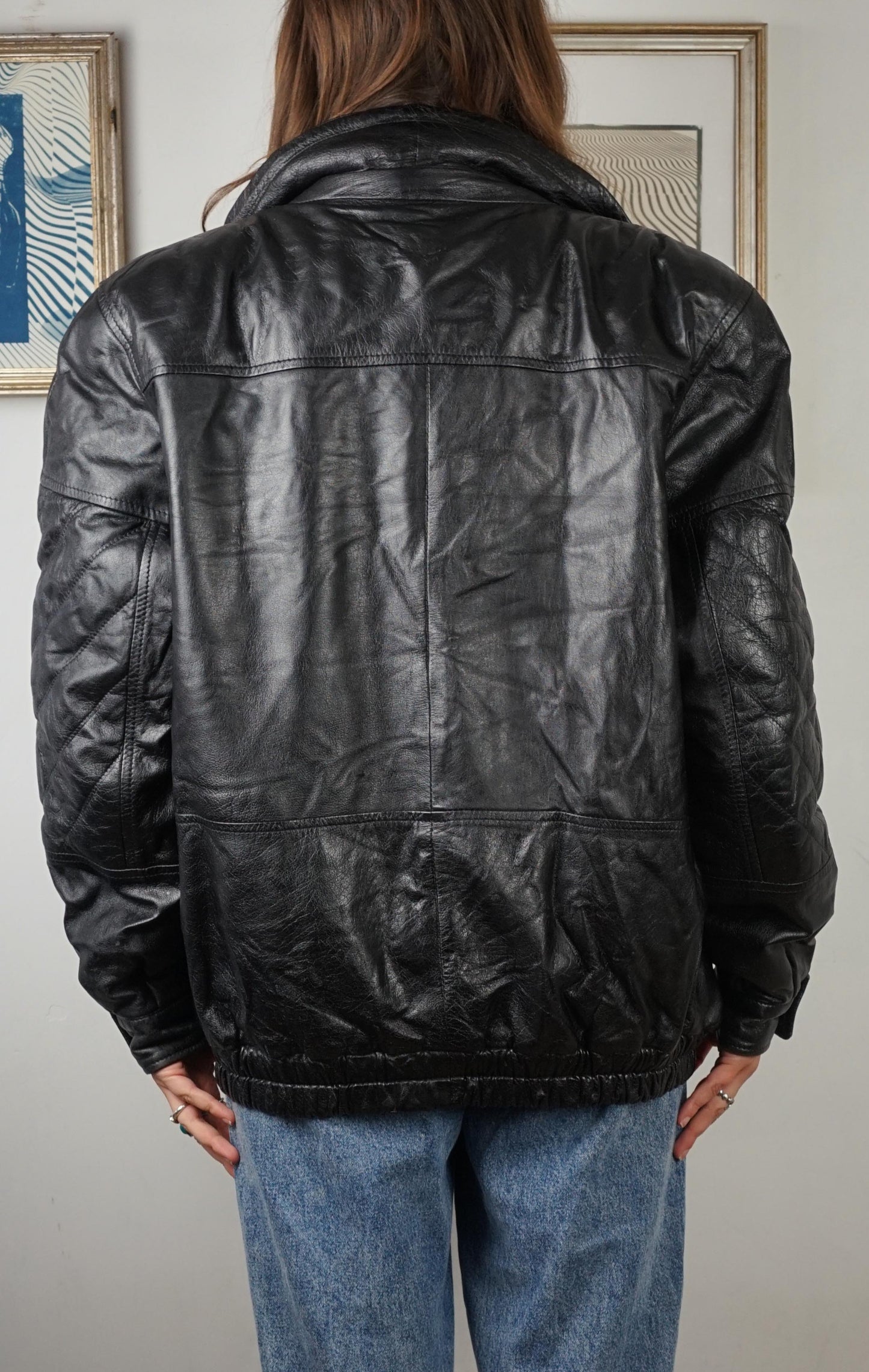 Giacca vintage in pelle con collo montone anni '80