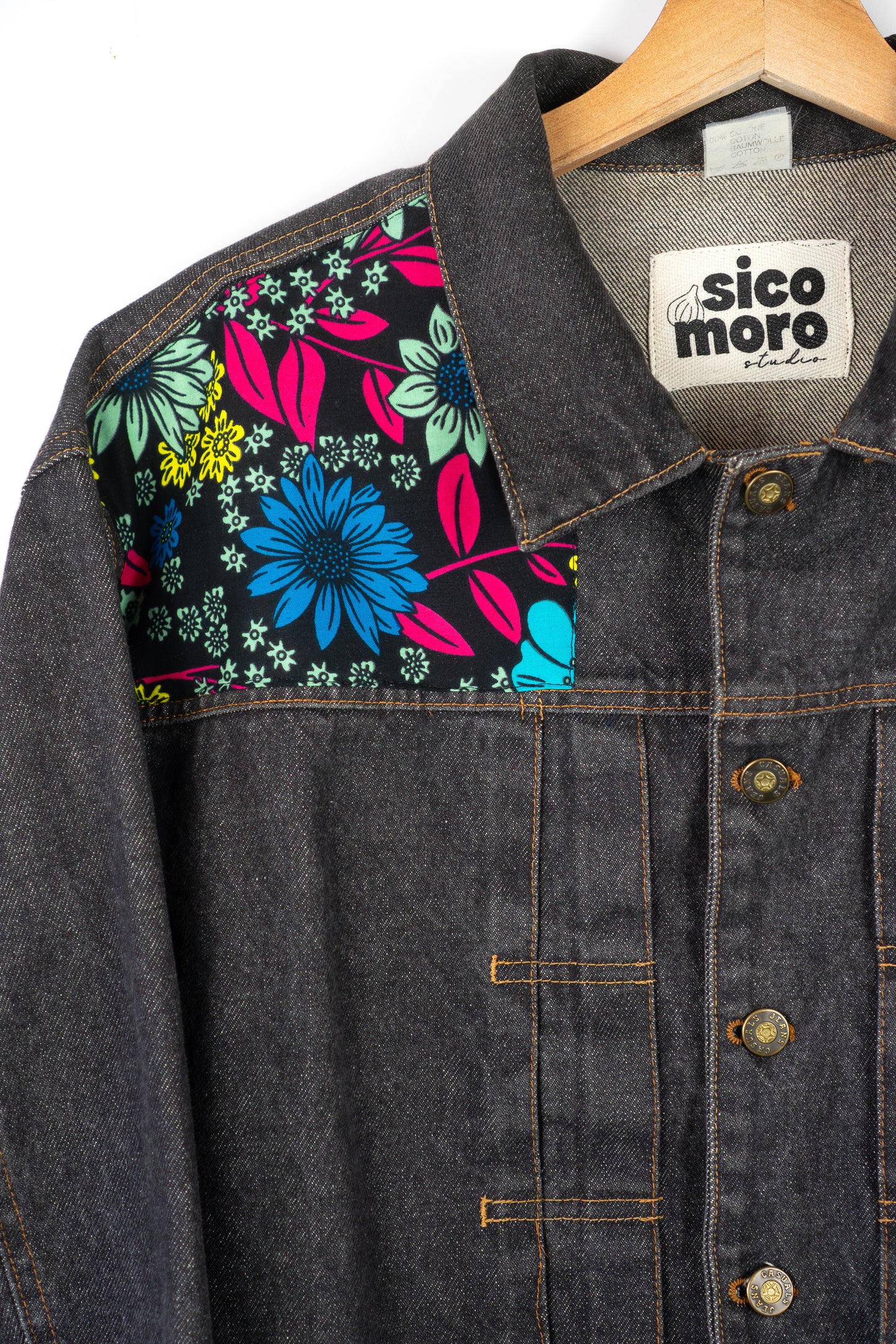 Custom Black Crop Denim Jacket -Midnight Bloom