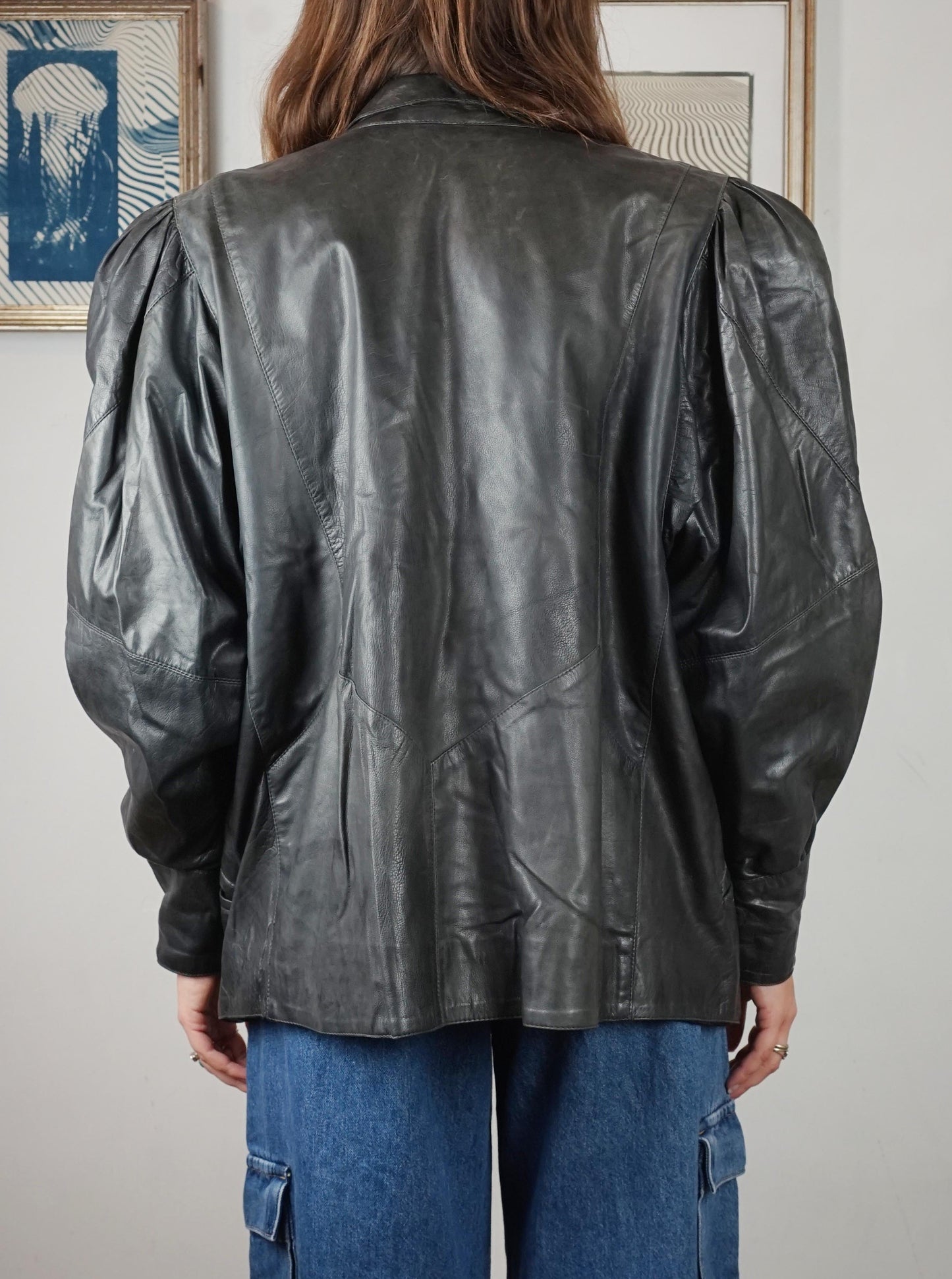 Giacca in pelle anni '80 maniche a sbuffo