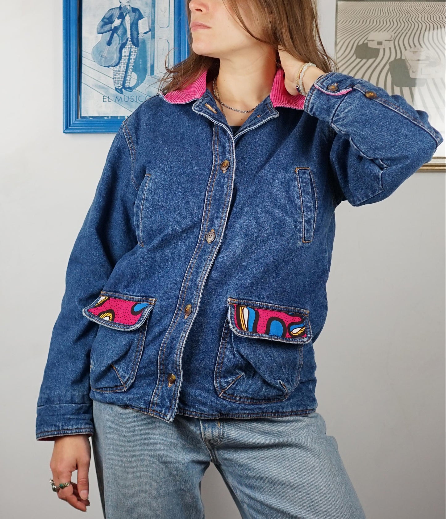 Custom 80s Blue Denim Jacket - Electric Magenta