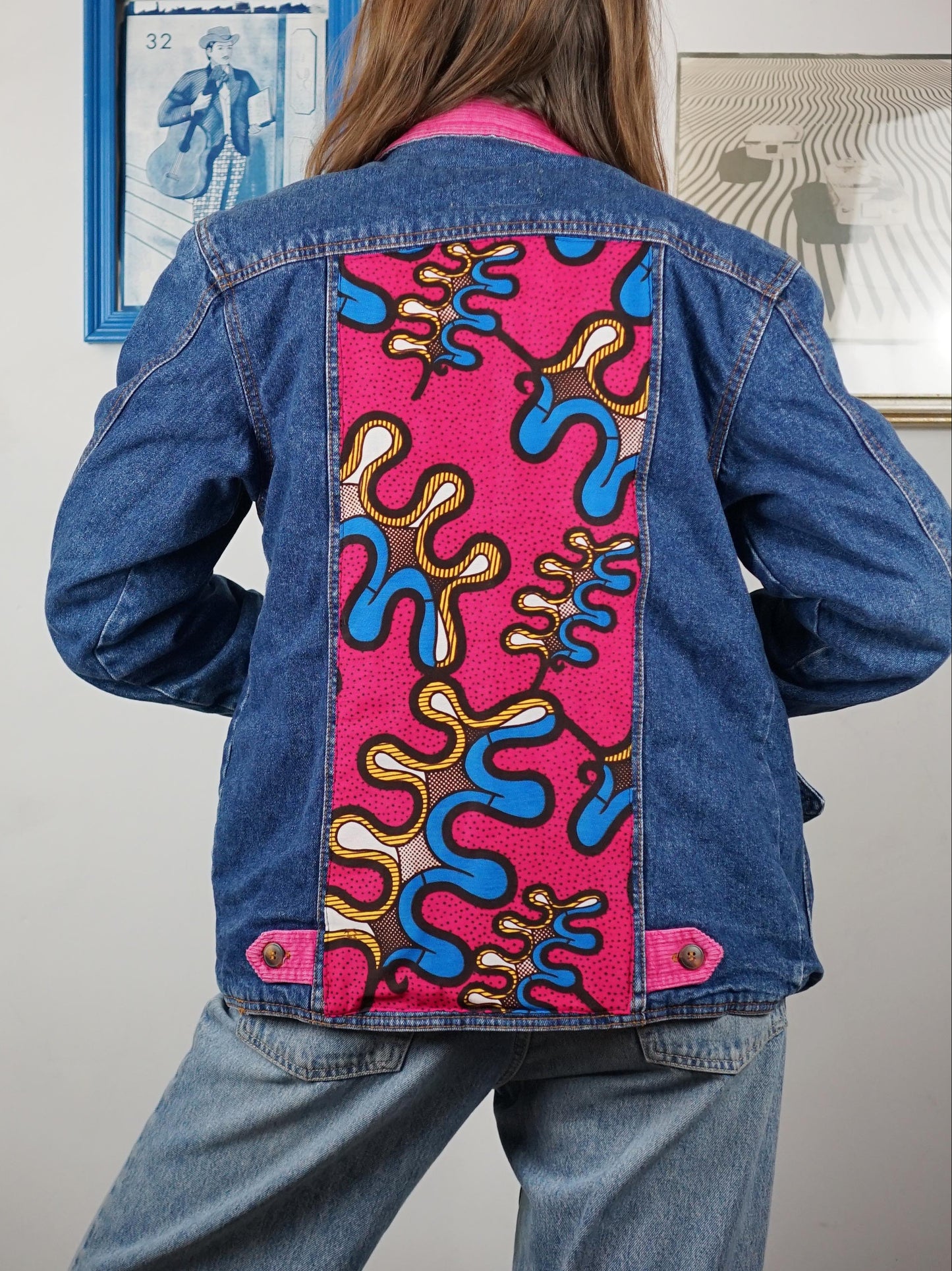 Custom 80s Blue Denim Jacket - Electric Magenta