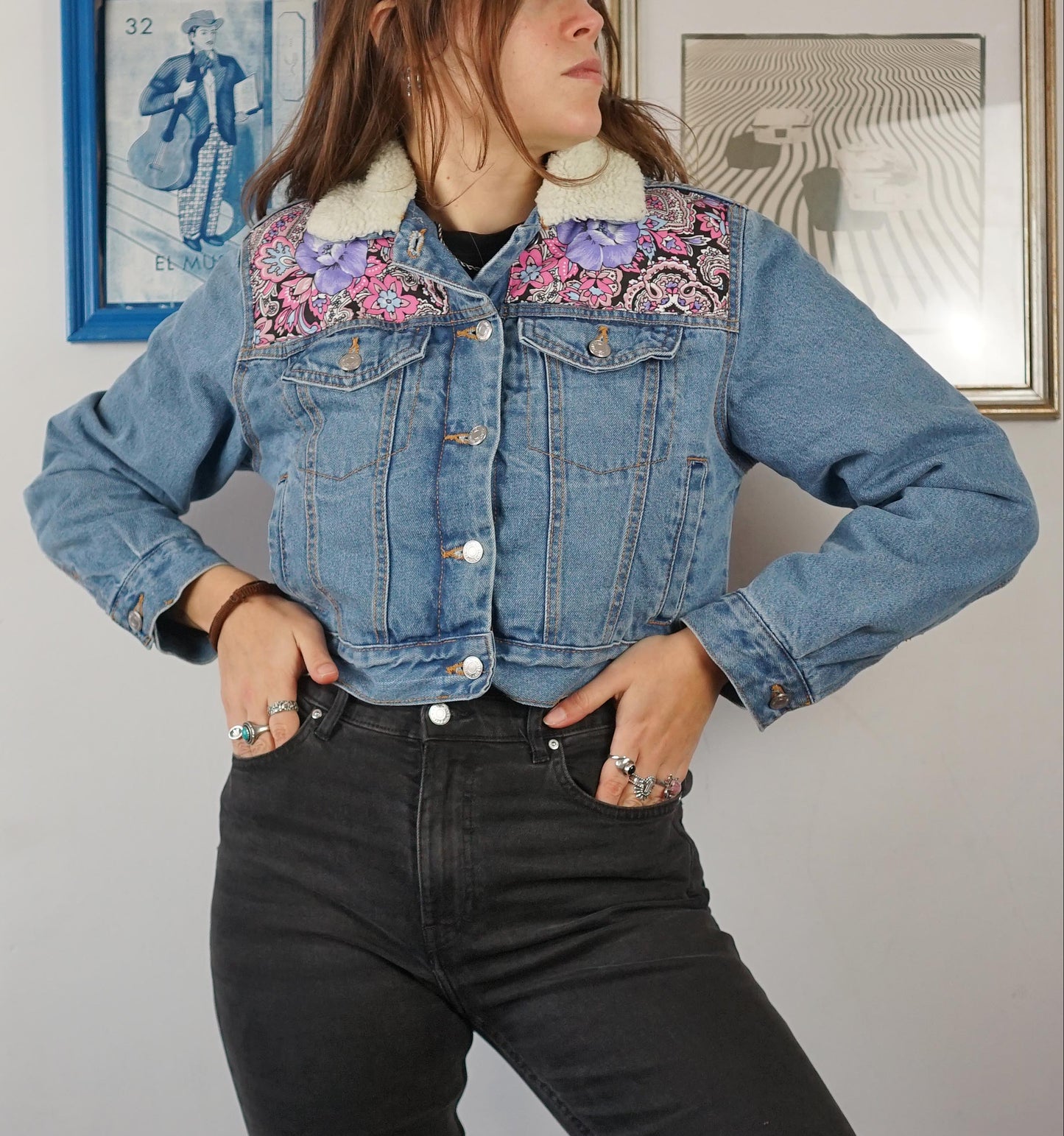 Custom Denim Sherpa Jacket - Fiori Notturni