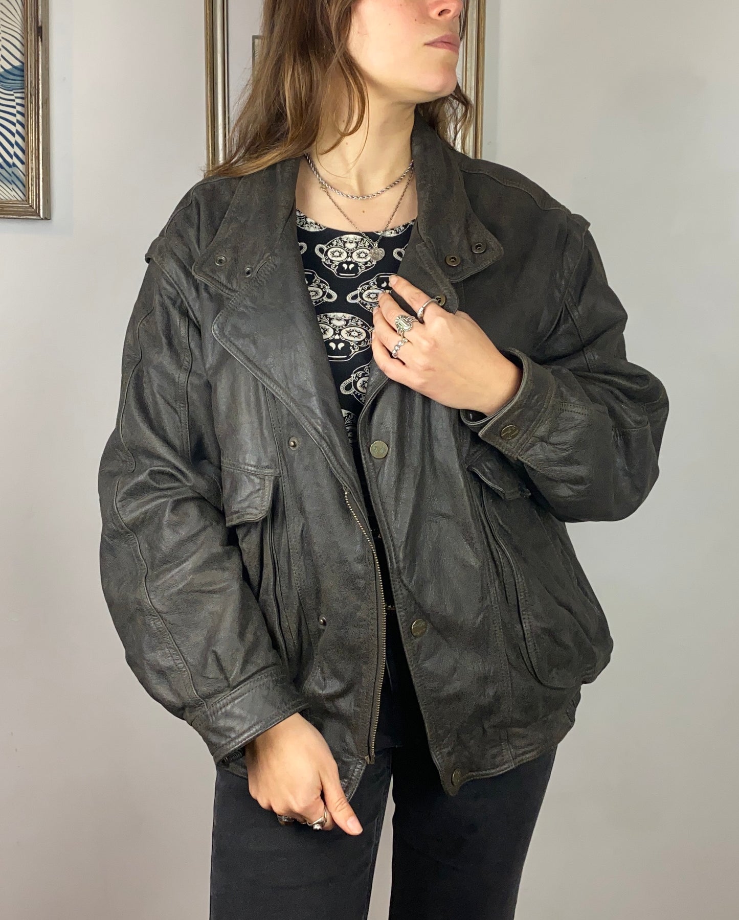 Bomber vintage in pelle marrone anni '80