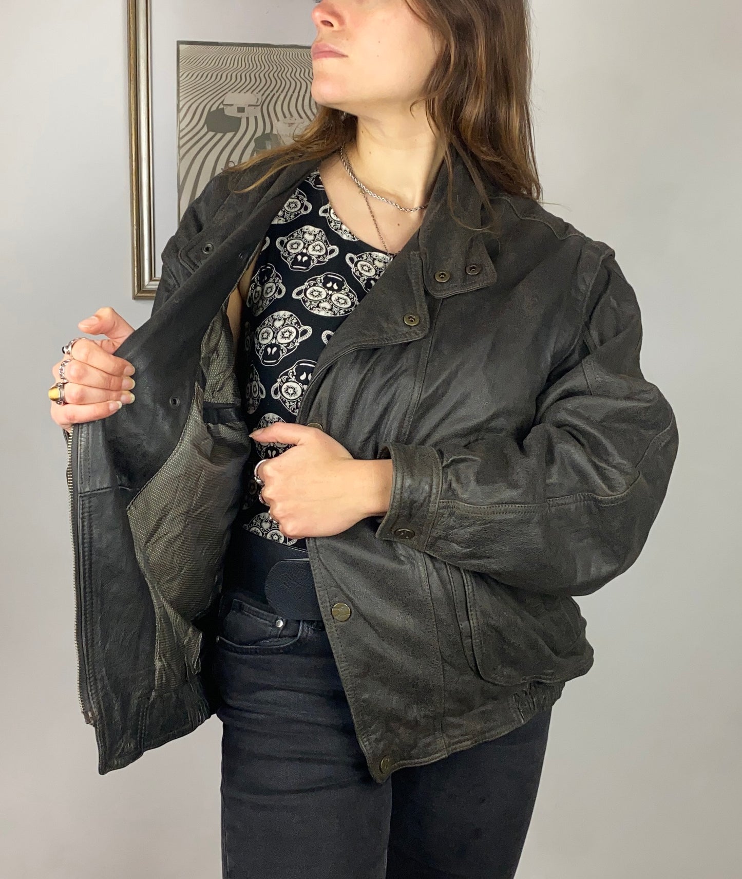 Bomber vintage in pelle marrone anni '80