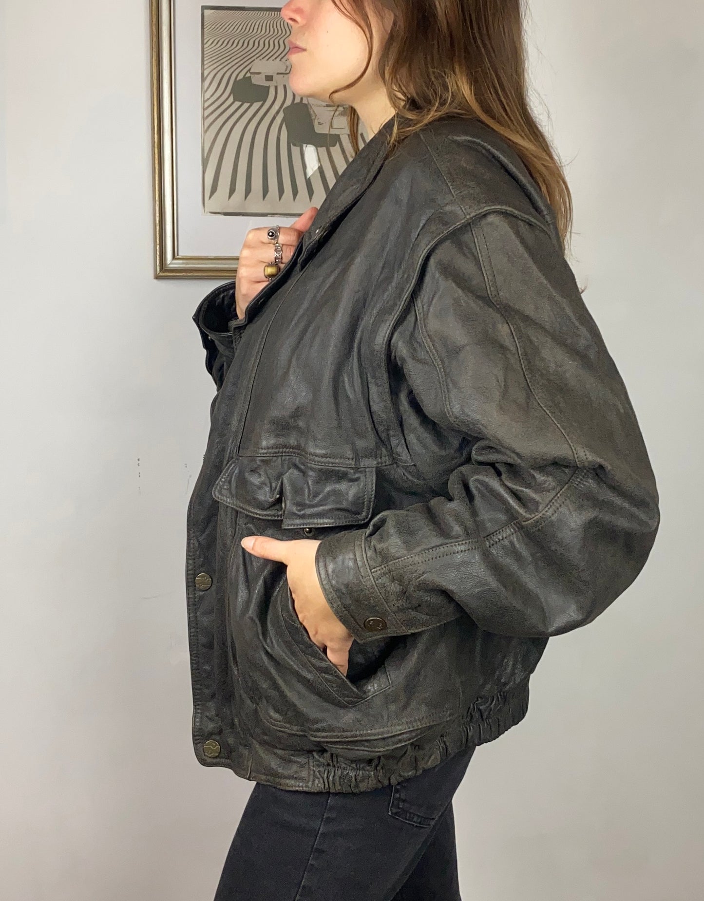 Bomber vintage in pelle marrone anni '80