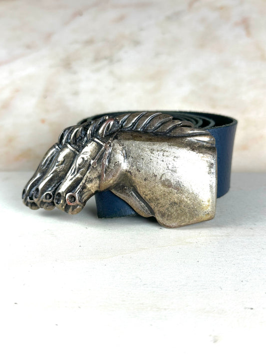 Cintura in vera pelle fibbia metallo con cavalli