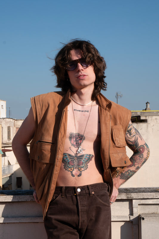 Gilet 8 tasche in pelle marrone