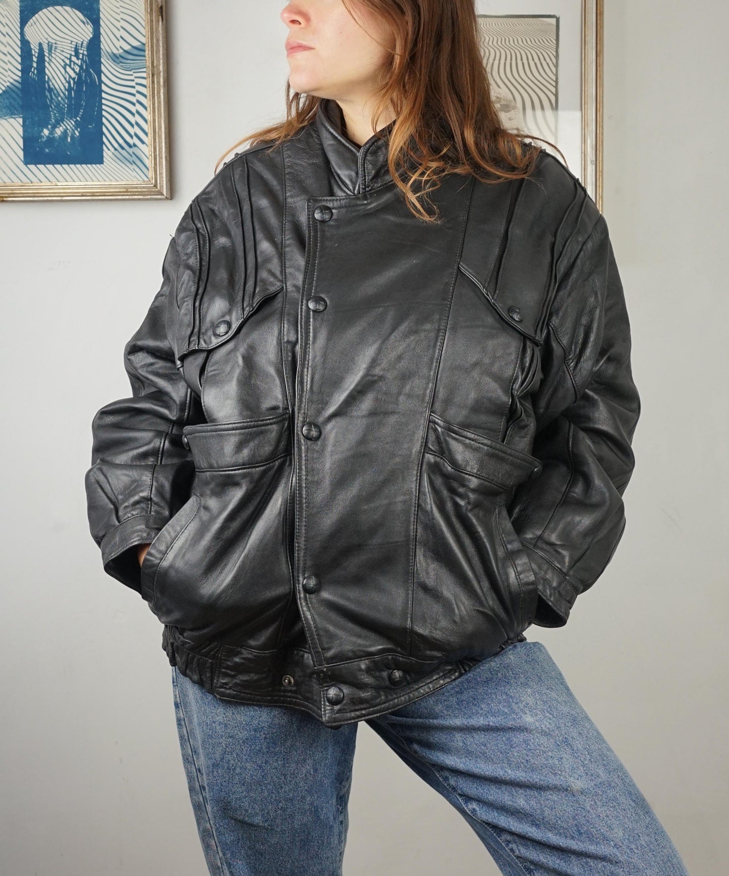 Bomber vintage in pelle anni '80 nero