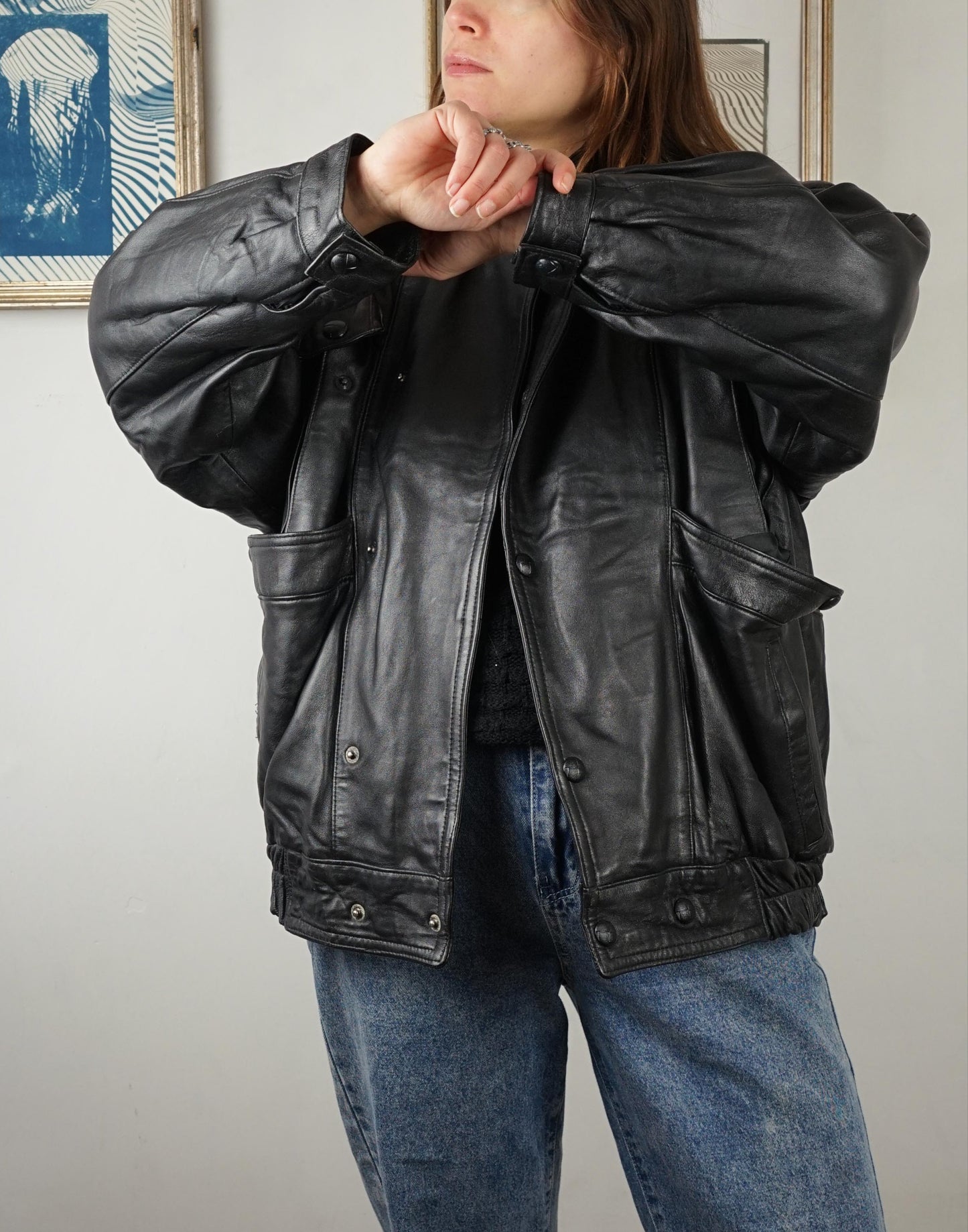 Bomber vintage in pelle anni '80 nero