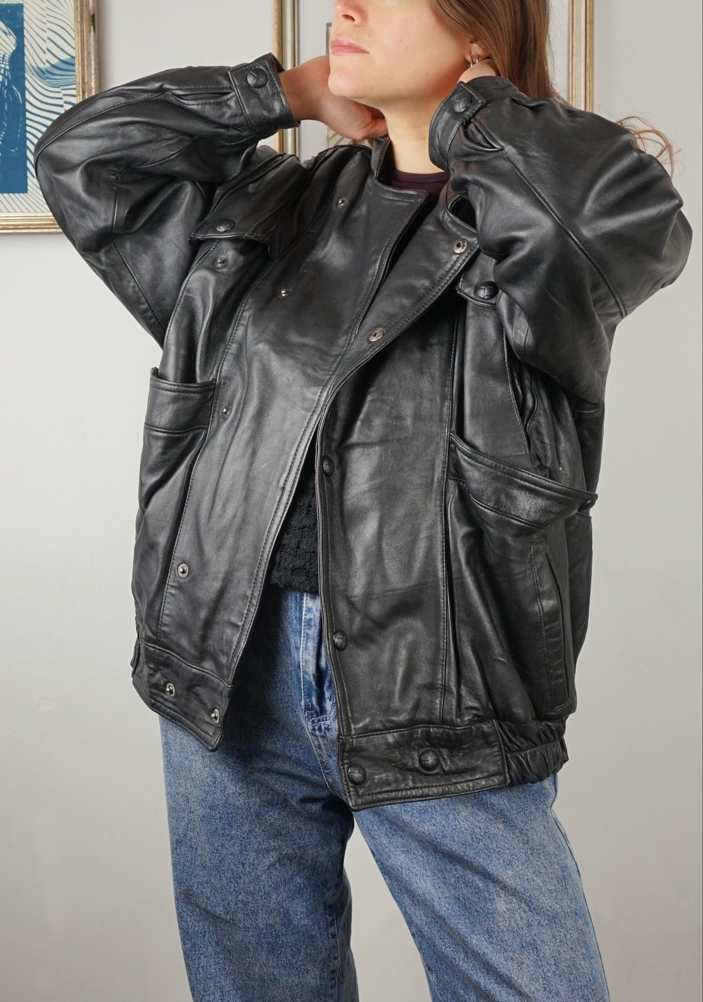 Bomber vintage in pelle anni '80 nero