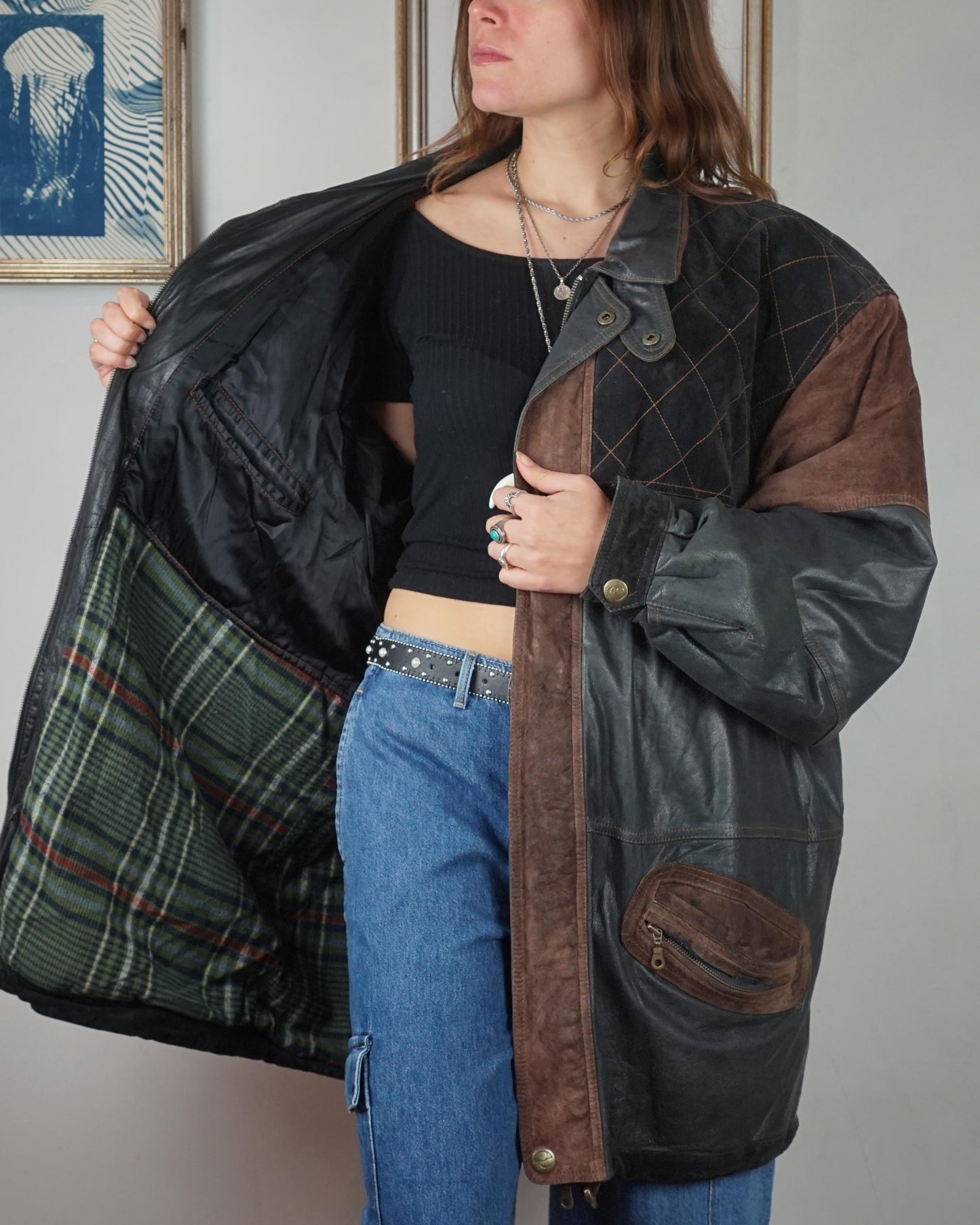 Giacca bomber over in pelle con inserti camoscio anni '80