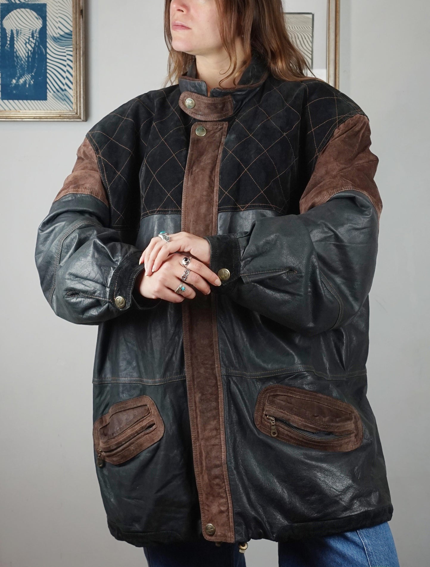 Giacca bomber over in pelle con inserti camoscio anni '80