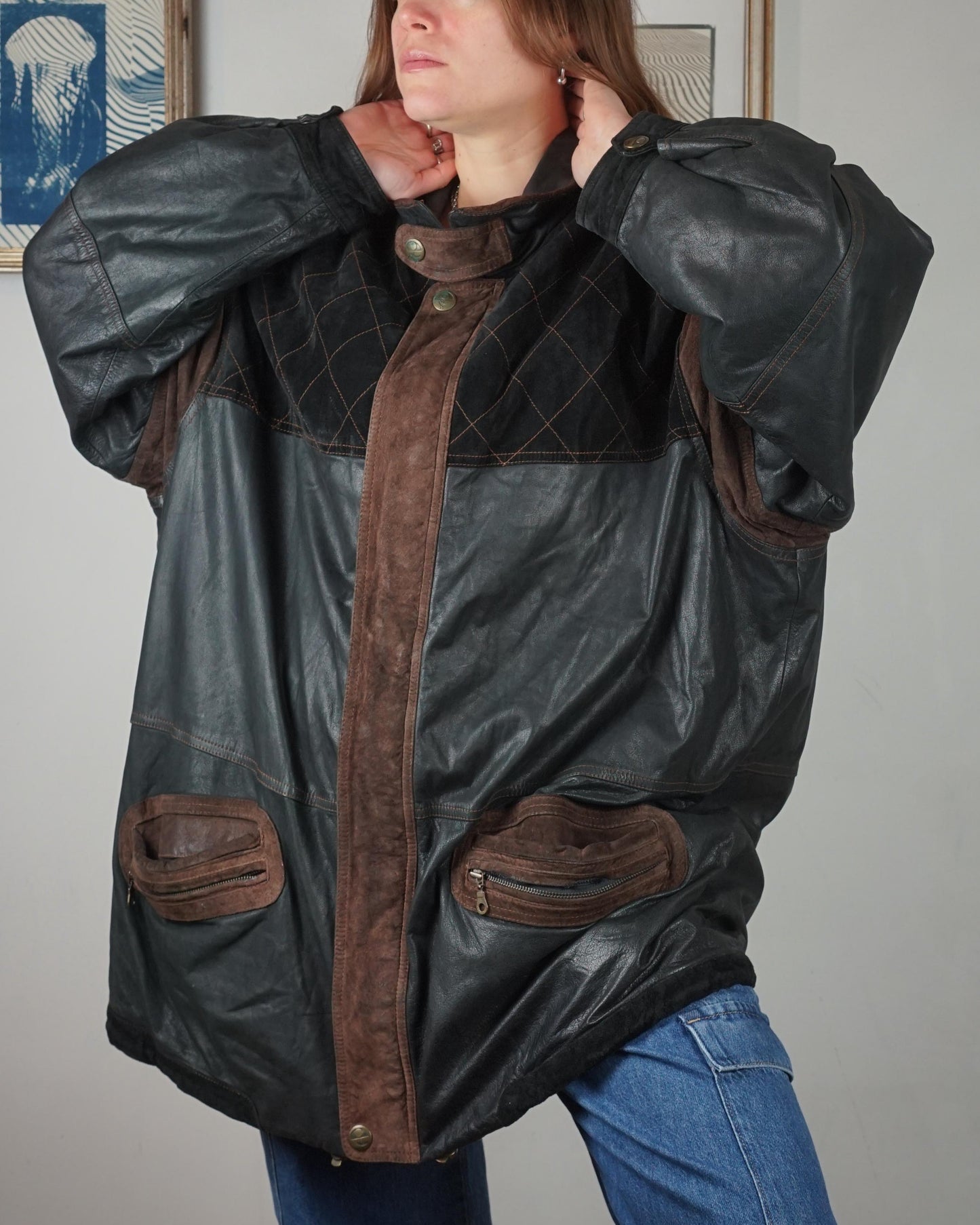 Giacca bomber over in pelle con inserti camoscio anni '80