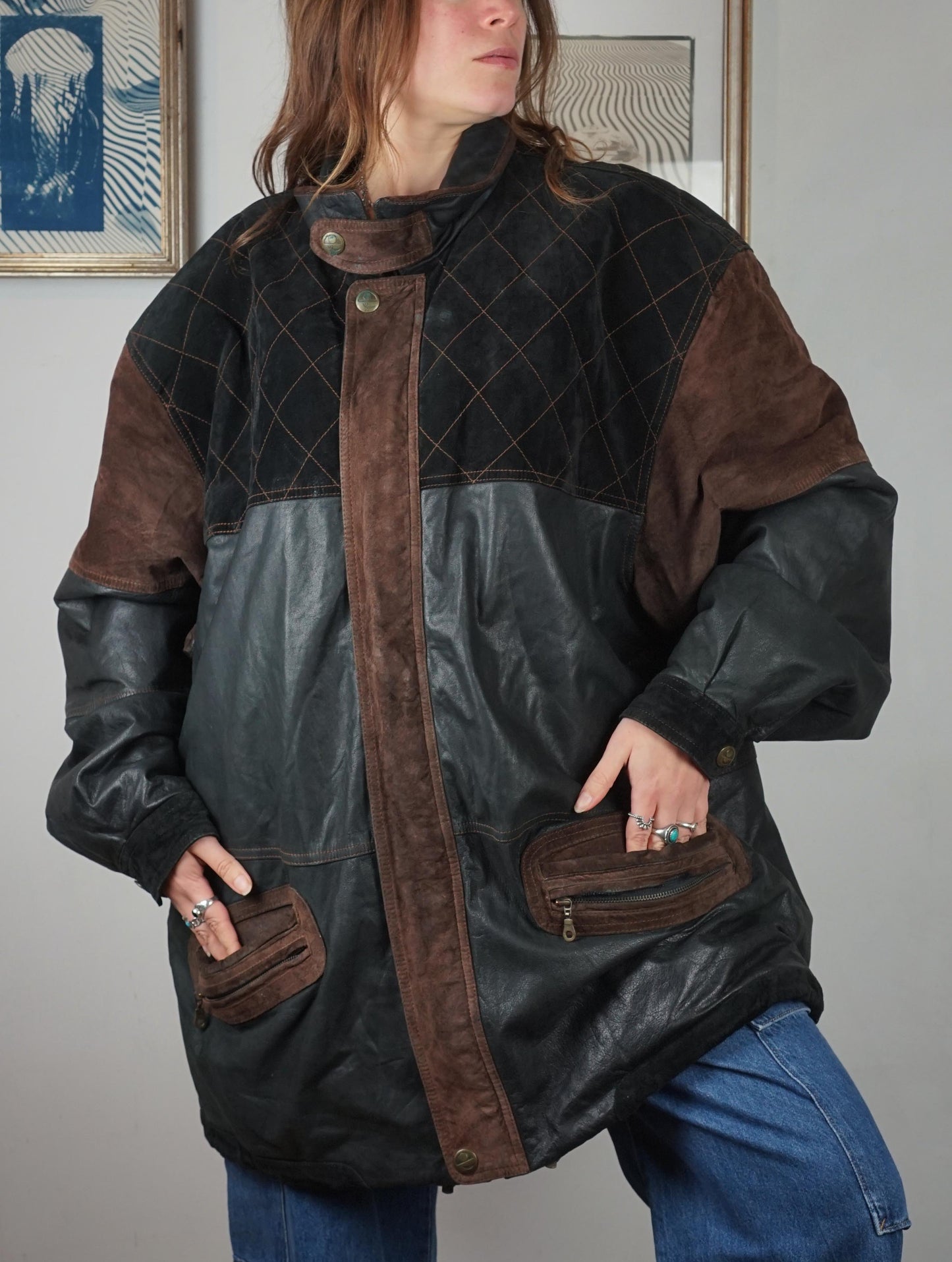 Giacca bomber over in pelle con inserti camoscio anni '80