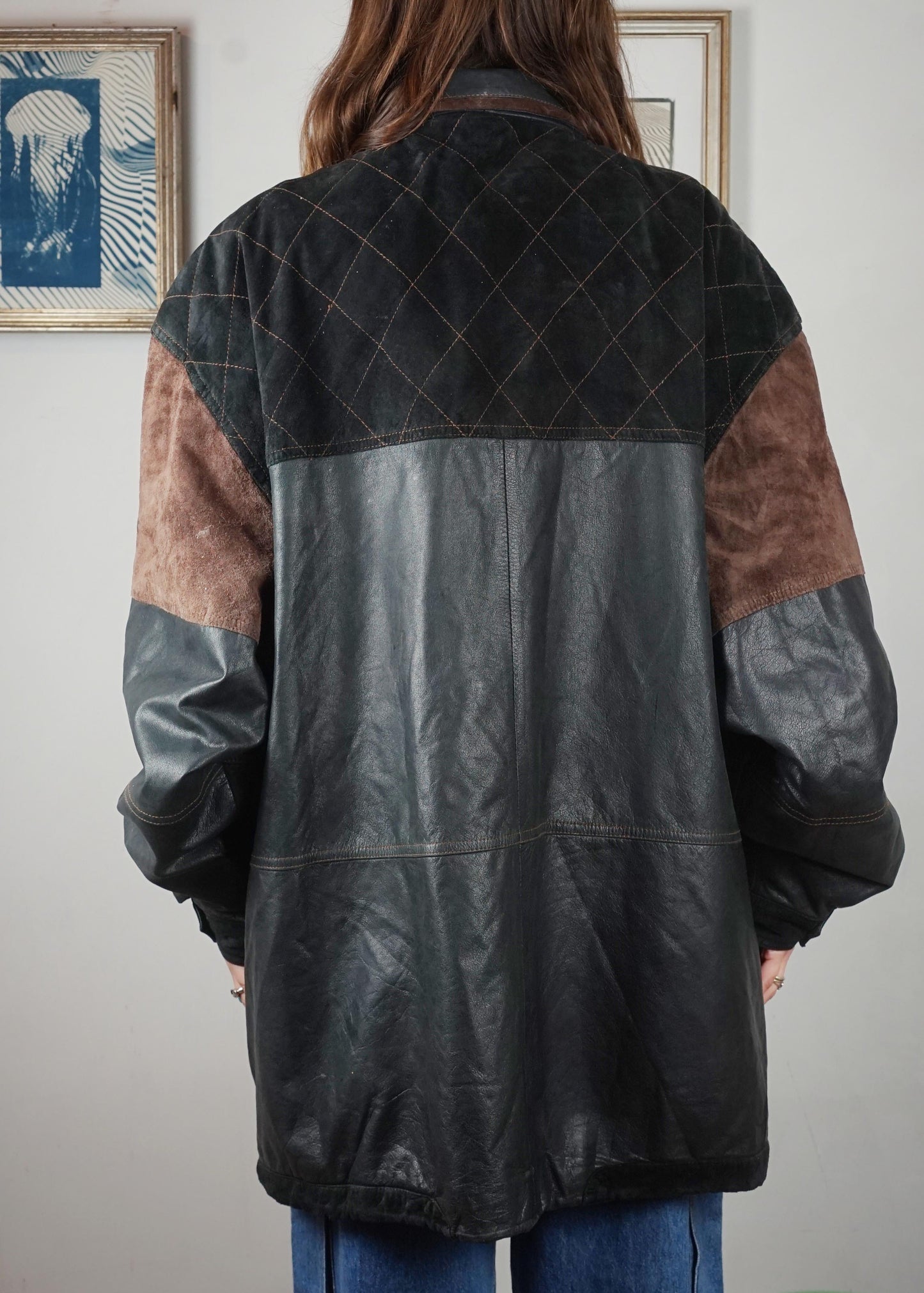 Giacca bomber over in pelle con inserti camoscio anni '80