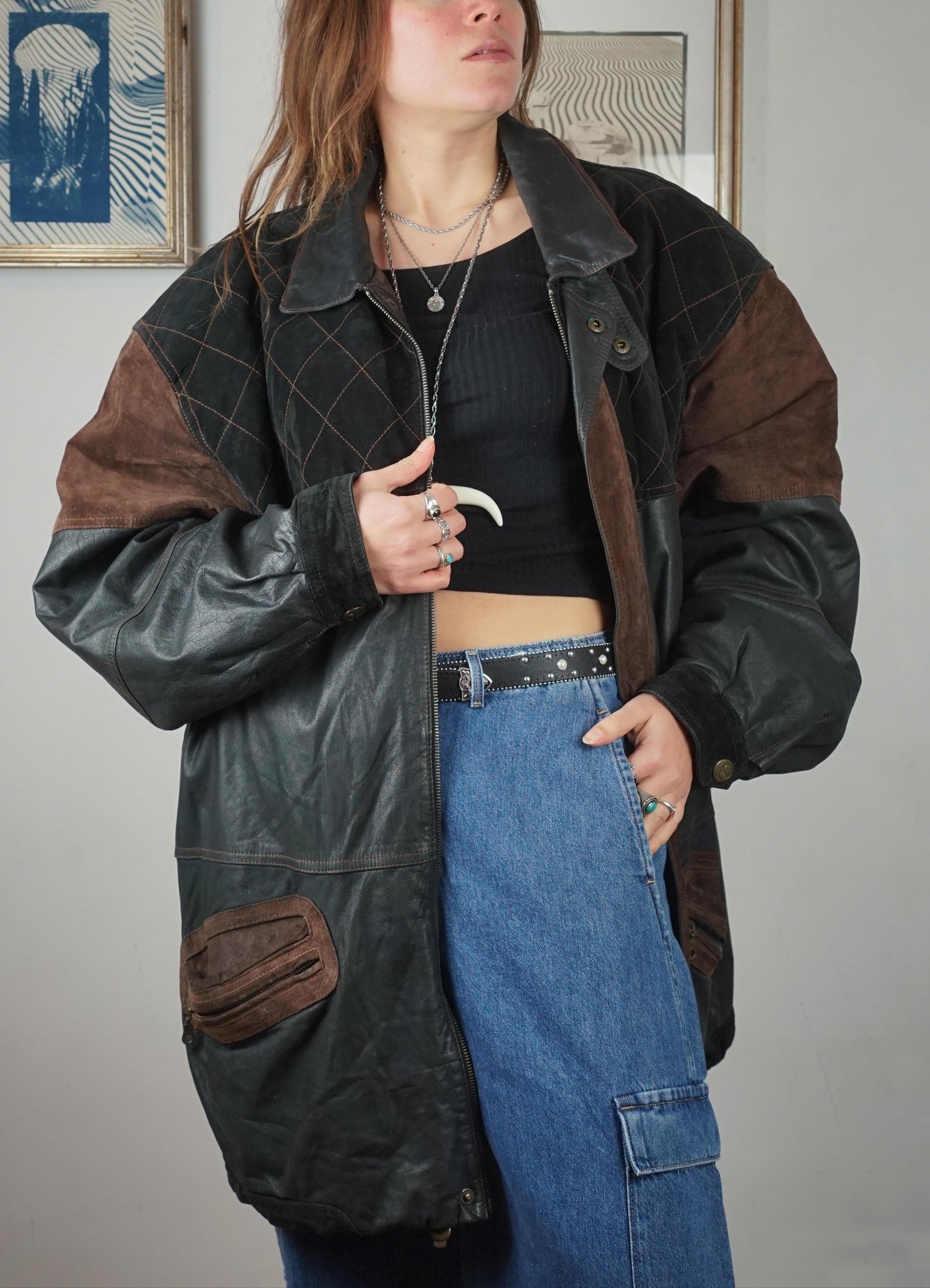 Giacca bomber over in pelle con inserti camoscio anni '80