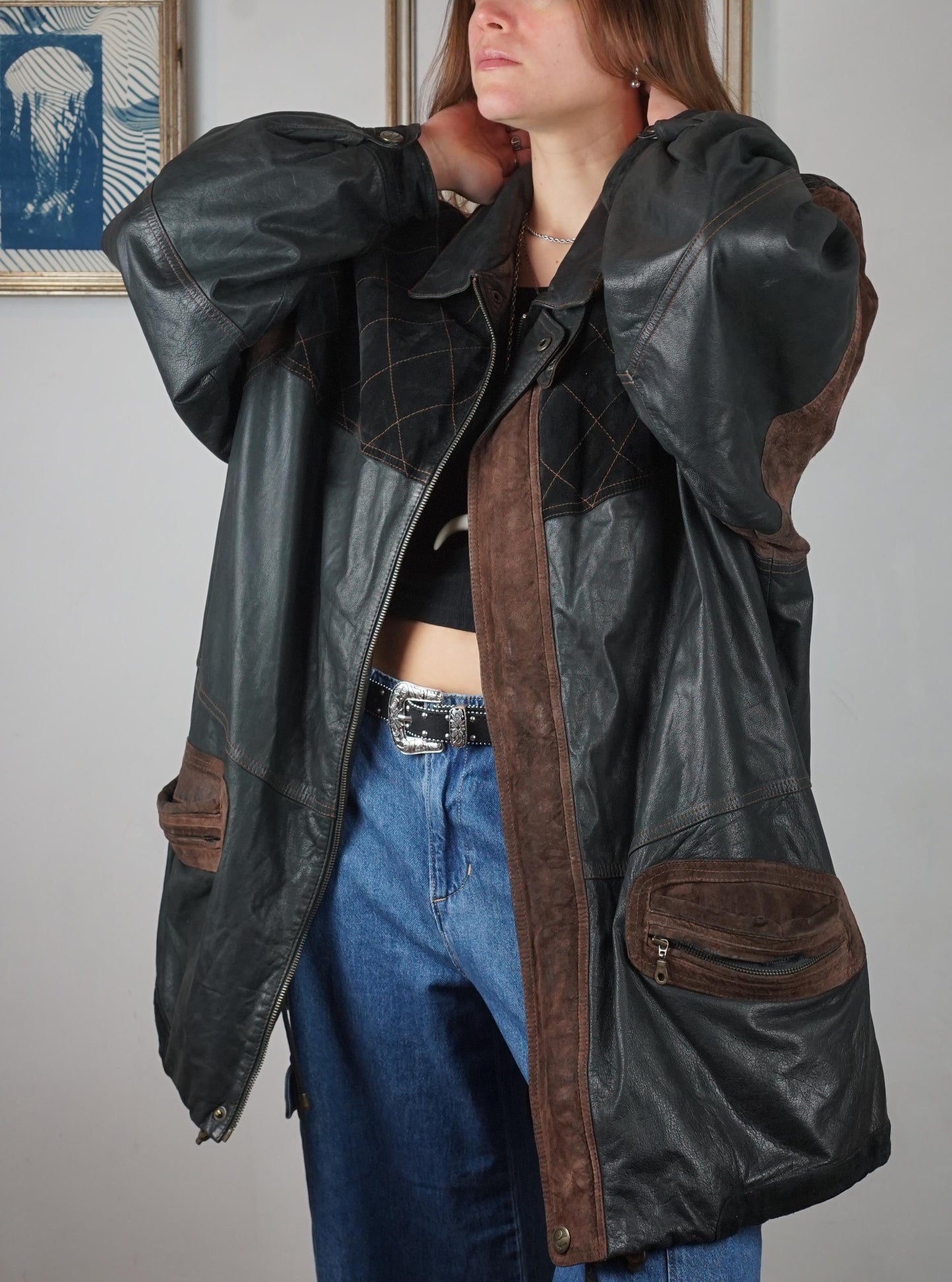 Giacca bomber over in pelle con inserti camoscio anni '80