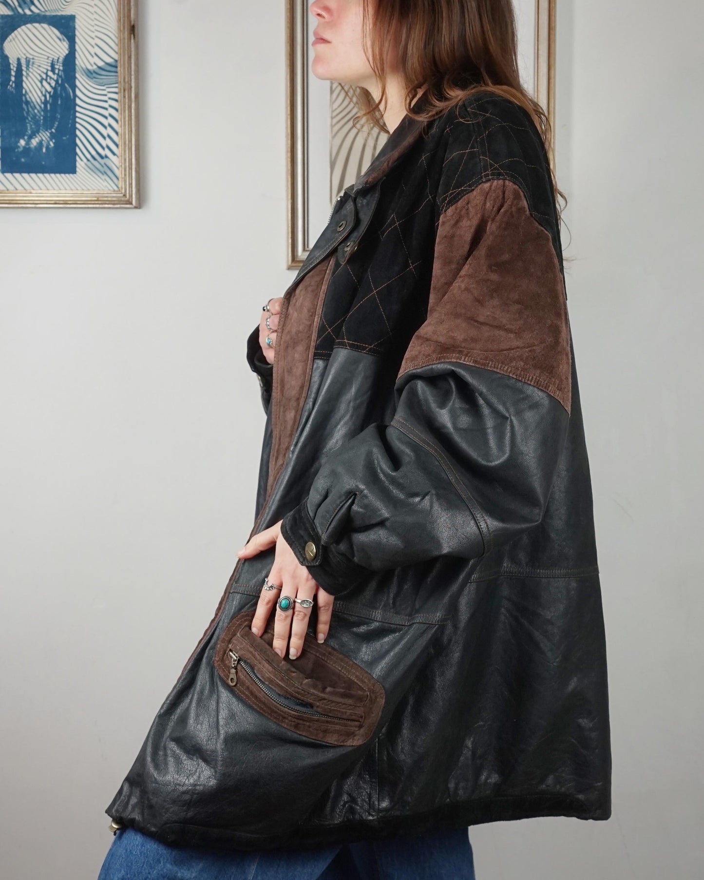 Giacca bomber over in pelle con inserti camoscio anni '80