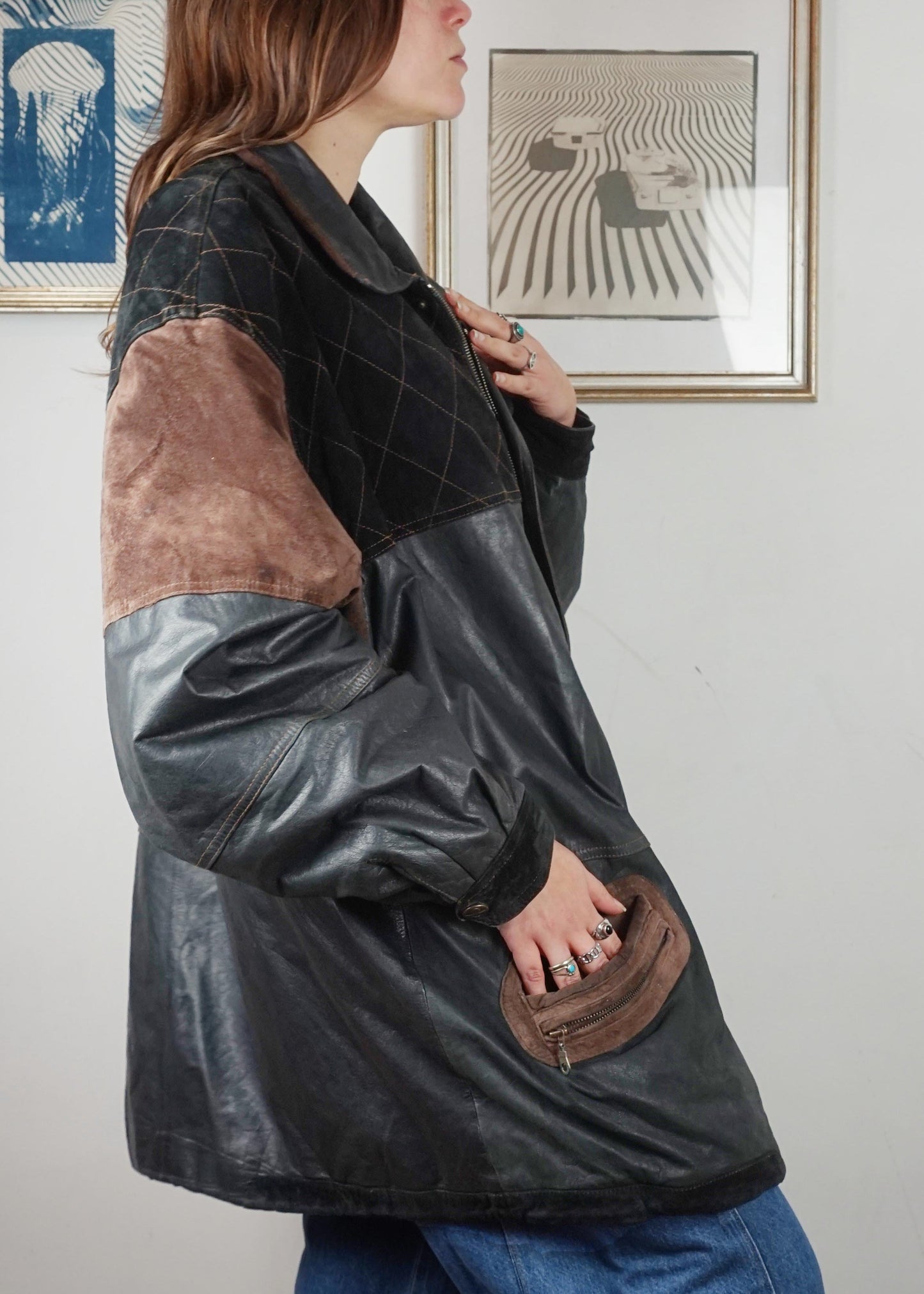 Giacca bomber over in pelle con inserti camoscio anni '80