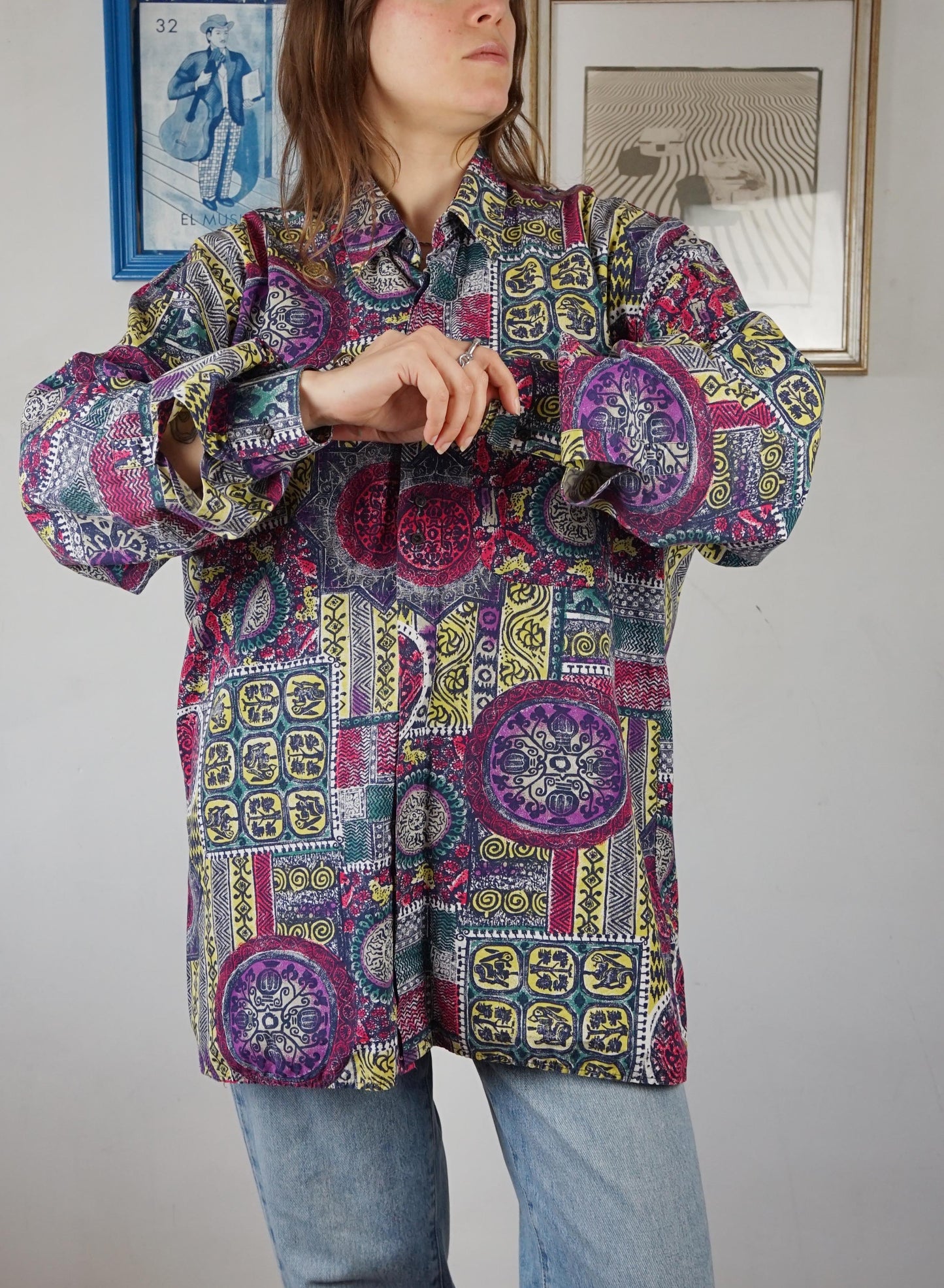 Camicia over in cotone Made in Italy con motivi multicolor