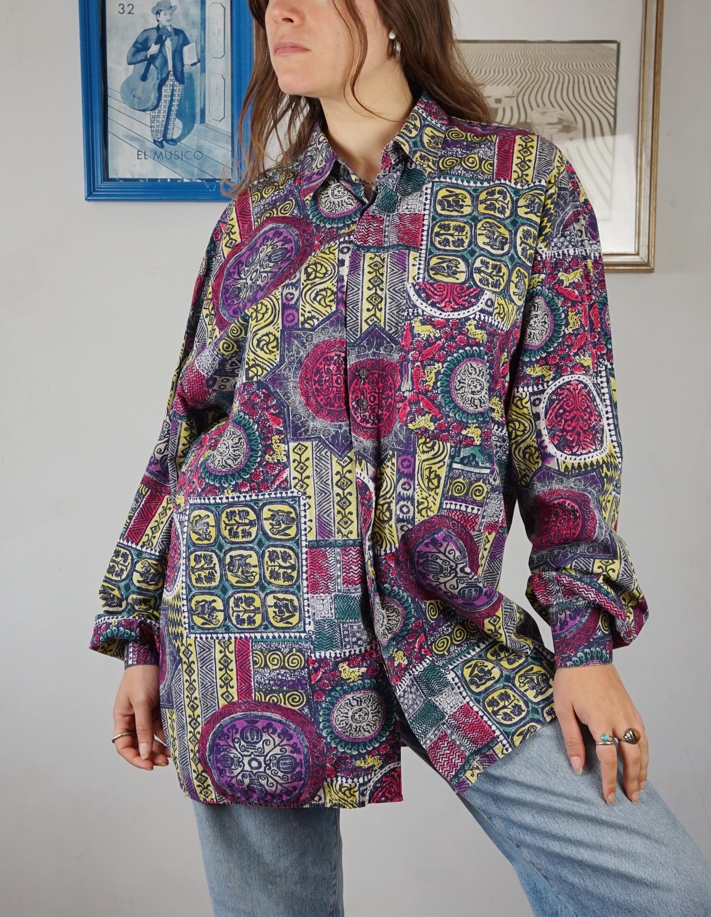 Camicia over in cotone Made in Italy con motivi multicolor