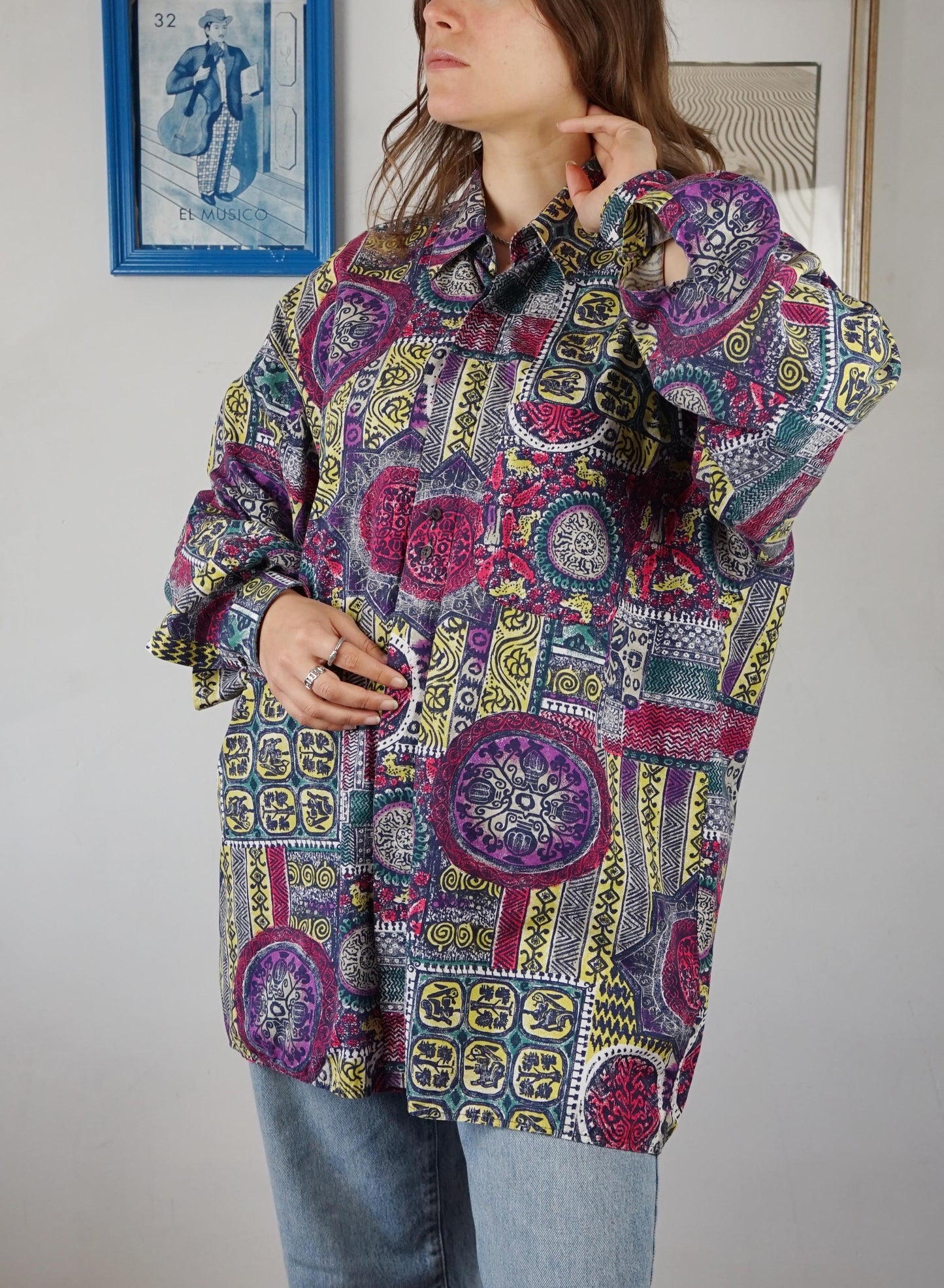 Camicia over in cotone Made in Italy con motivi multicolor