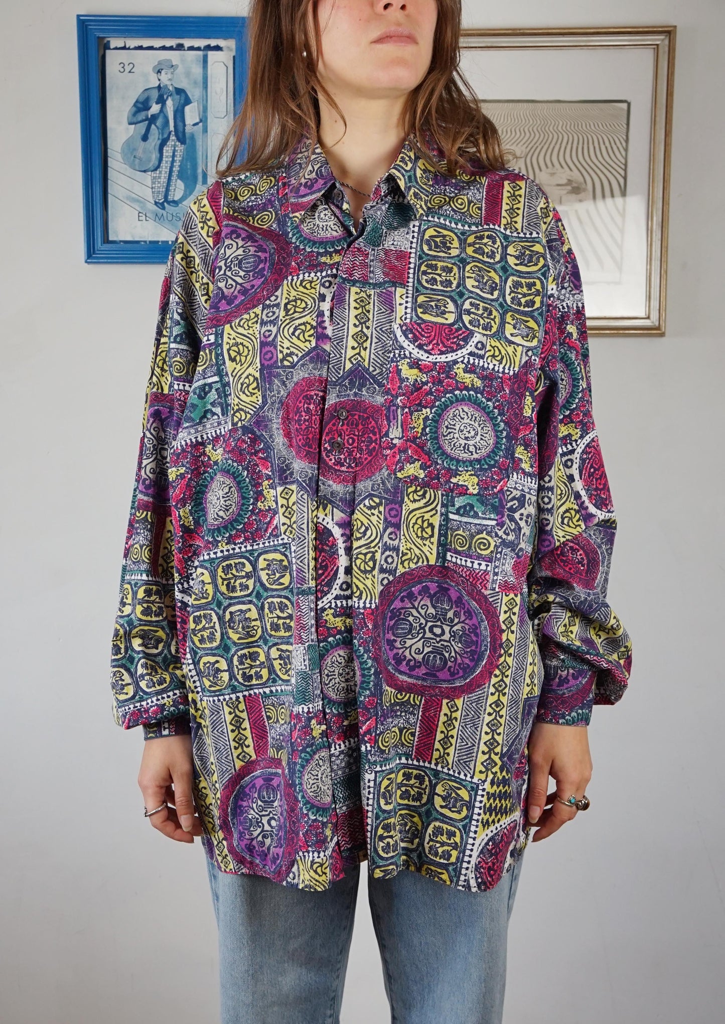 Camicia over in cotone Made in Italy con motivi multicolor