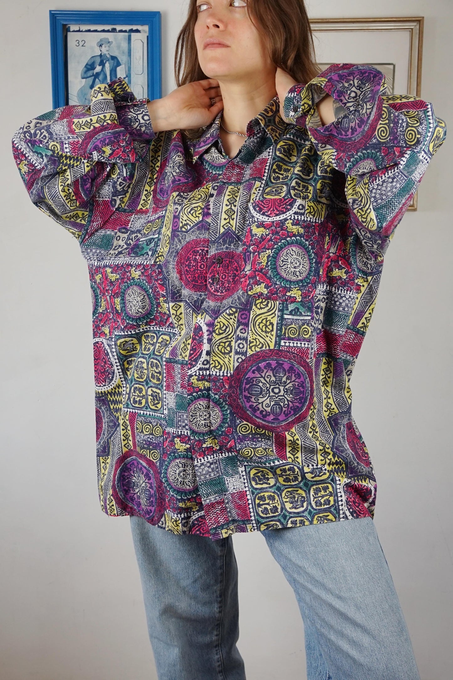 Camicia over in cotone Made in Italy con motivi multicolor