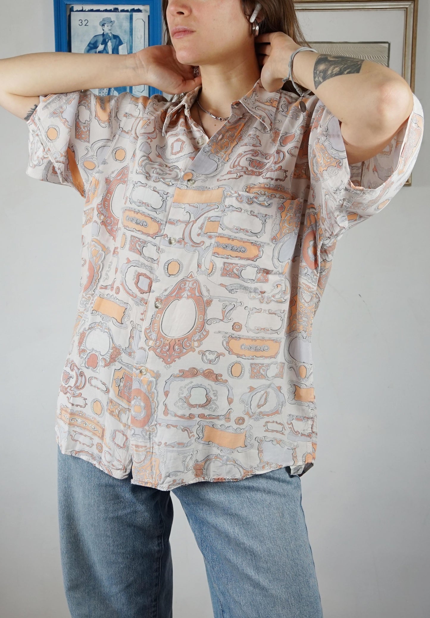 Camicia con pattern cornici bianco e albicocca