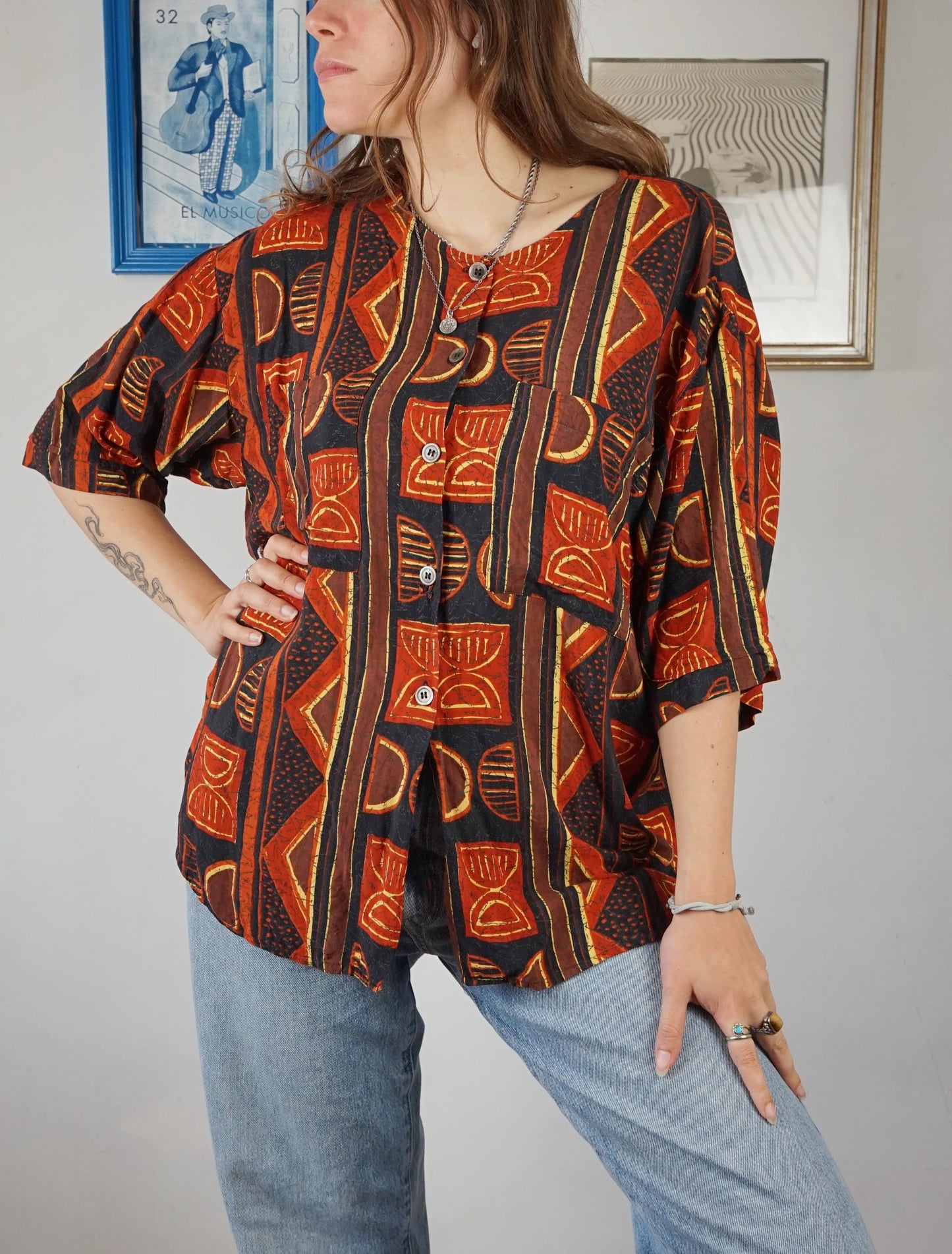 Camicia fluida multicolor fantasia etnica