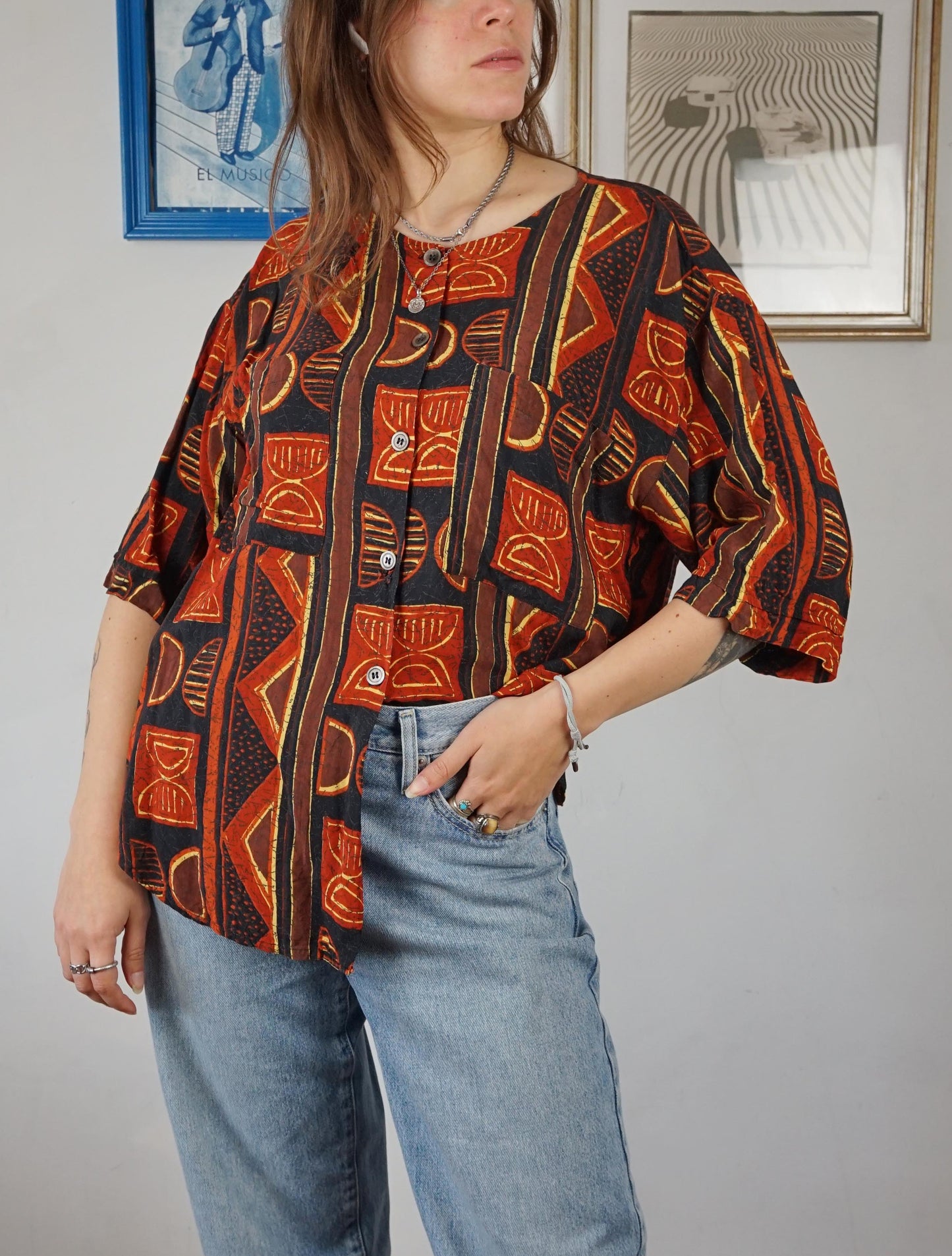 Camicia fluida multicolor fantasia etnica