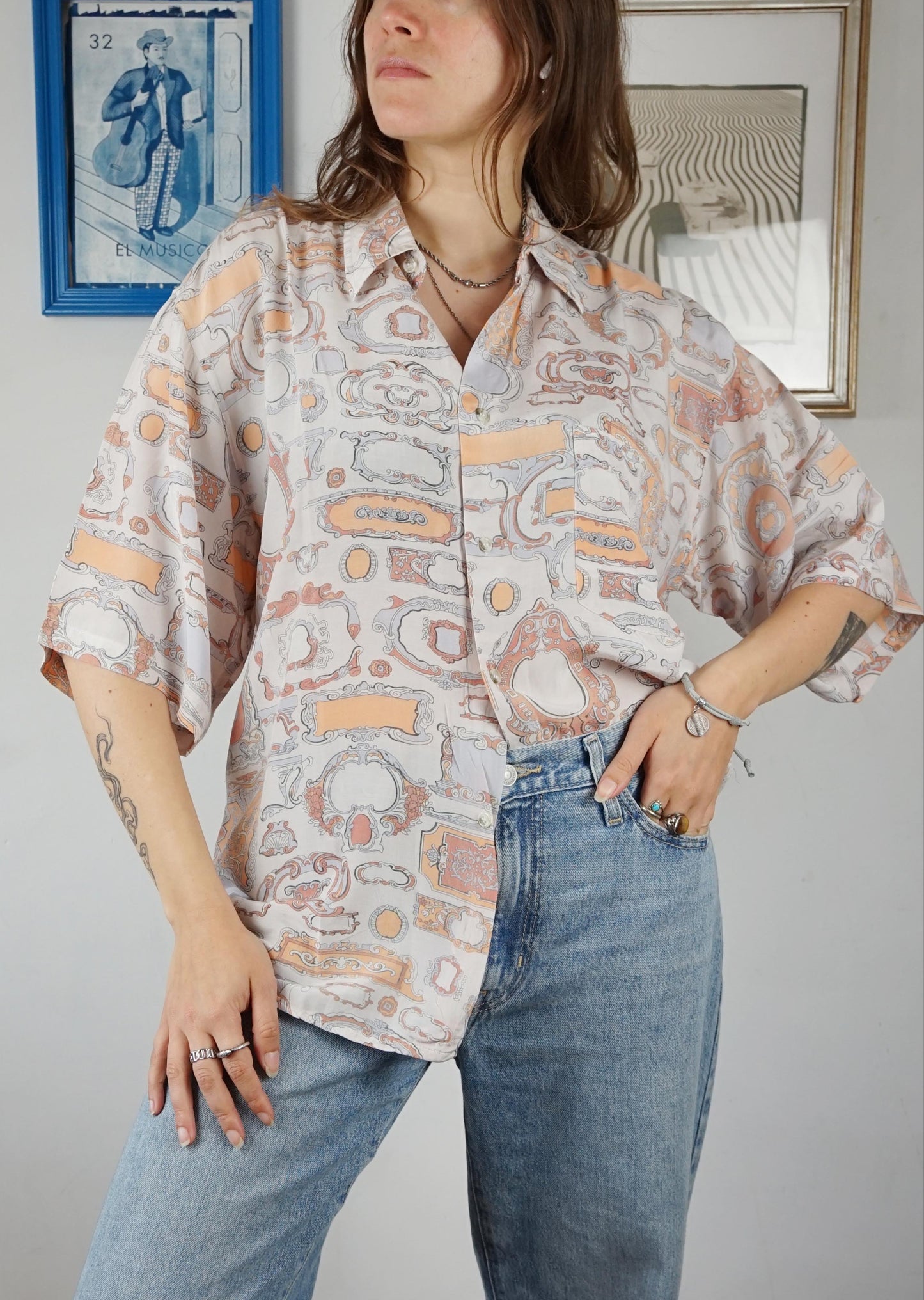 Camicia con pattern cornici bianco e albicocca