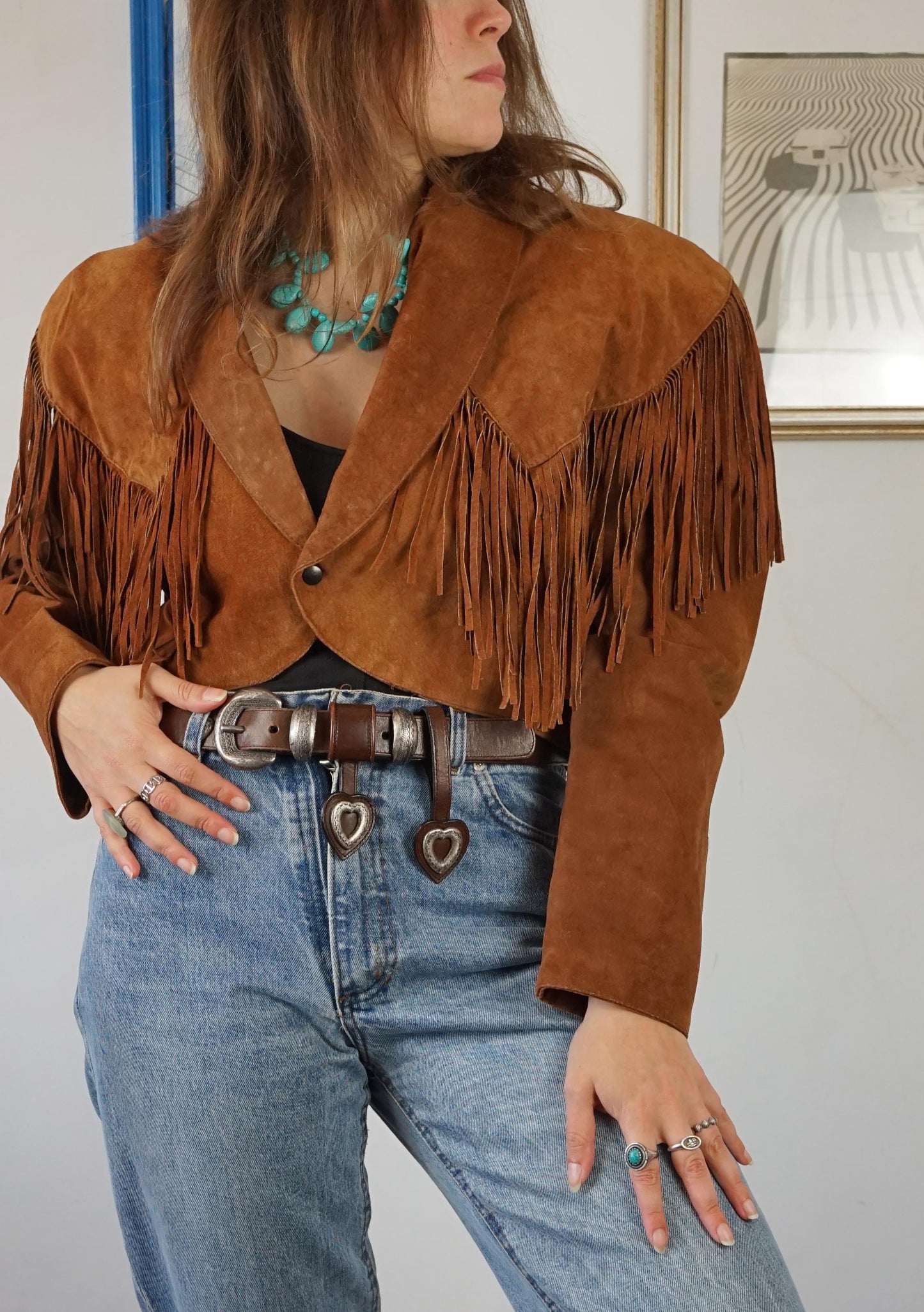 Giacca crop in pelle scamosciata anni 70 con frange