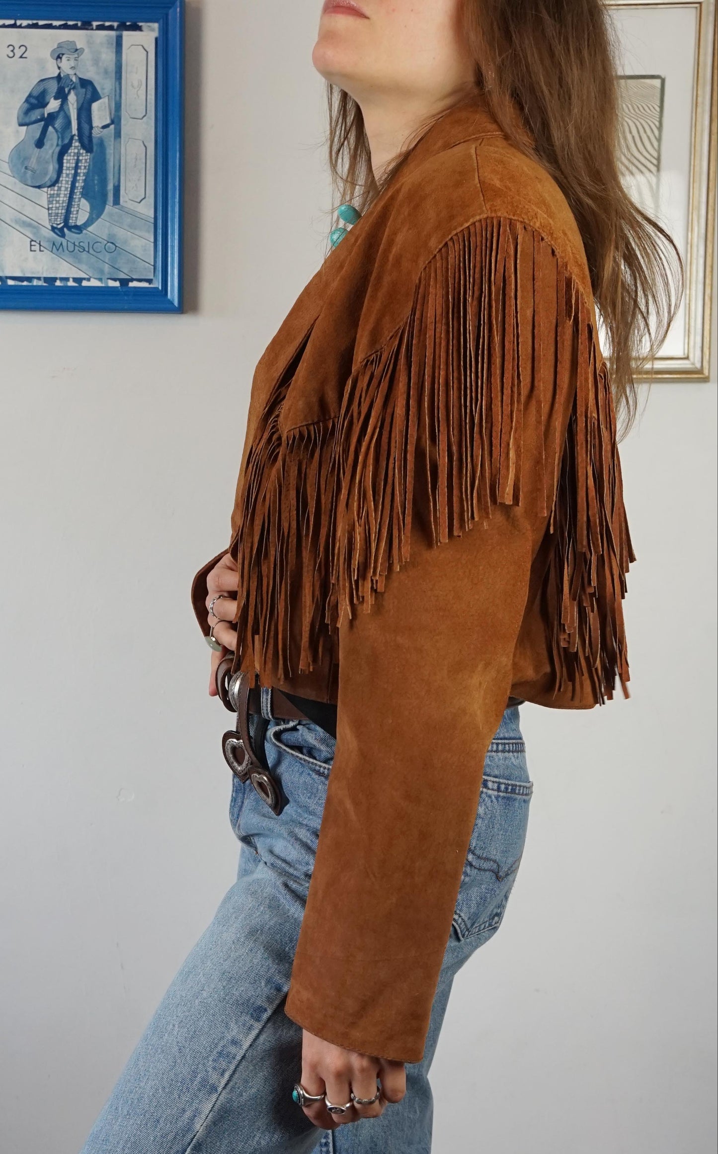 Giacca crop in pelle scamosciata anni 70 con frange