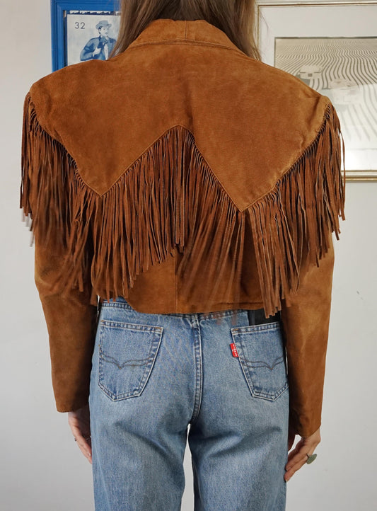 Giacca crop in pelle scamosciata anni 70 con frange