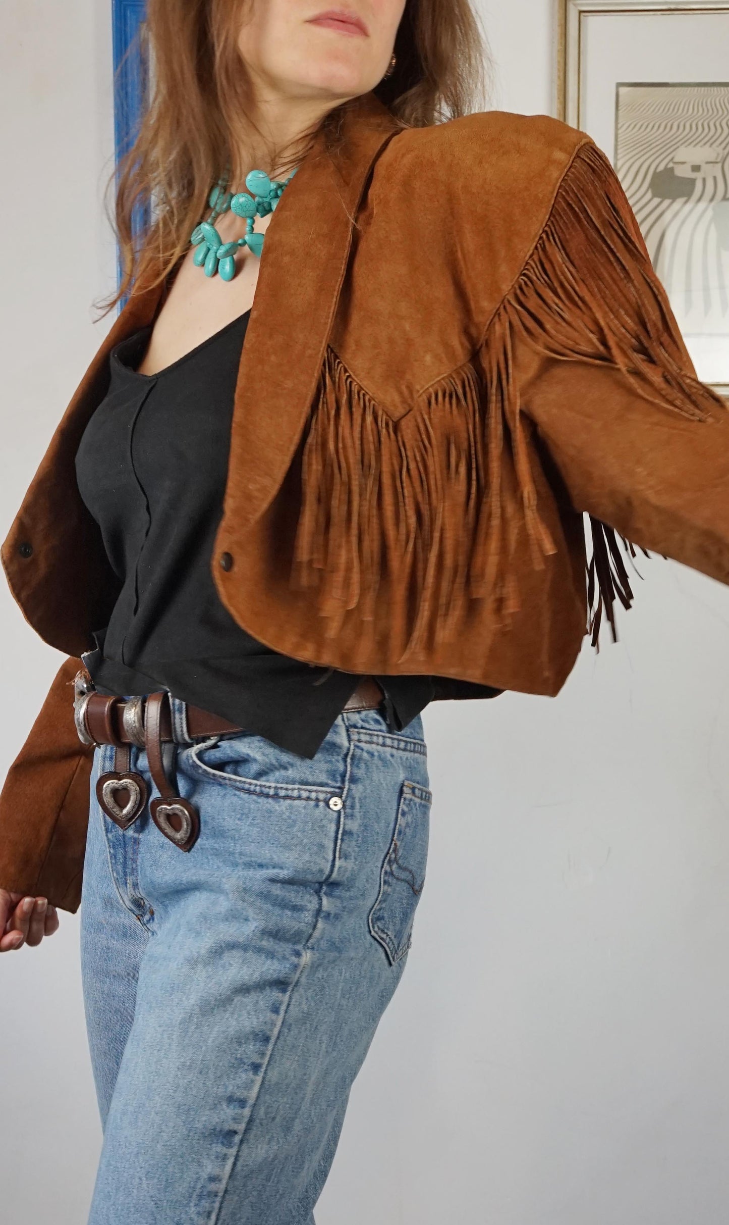 Giacca crop in pelle scamosciata anni 70 con frange
