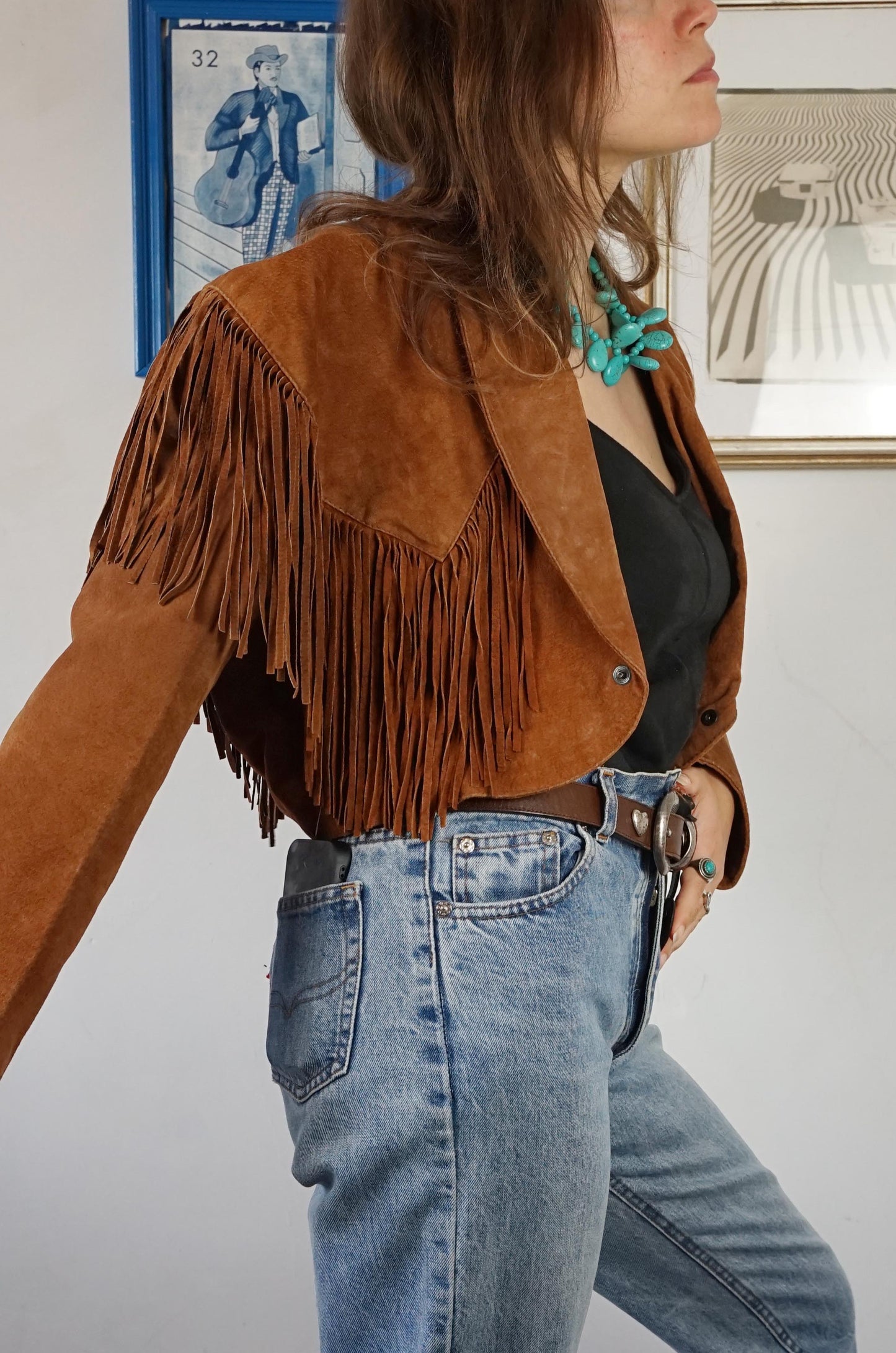 Giacca crop in pelle scamosciata anni 70 con frange