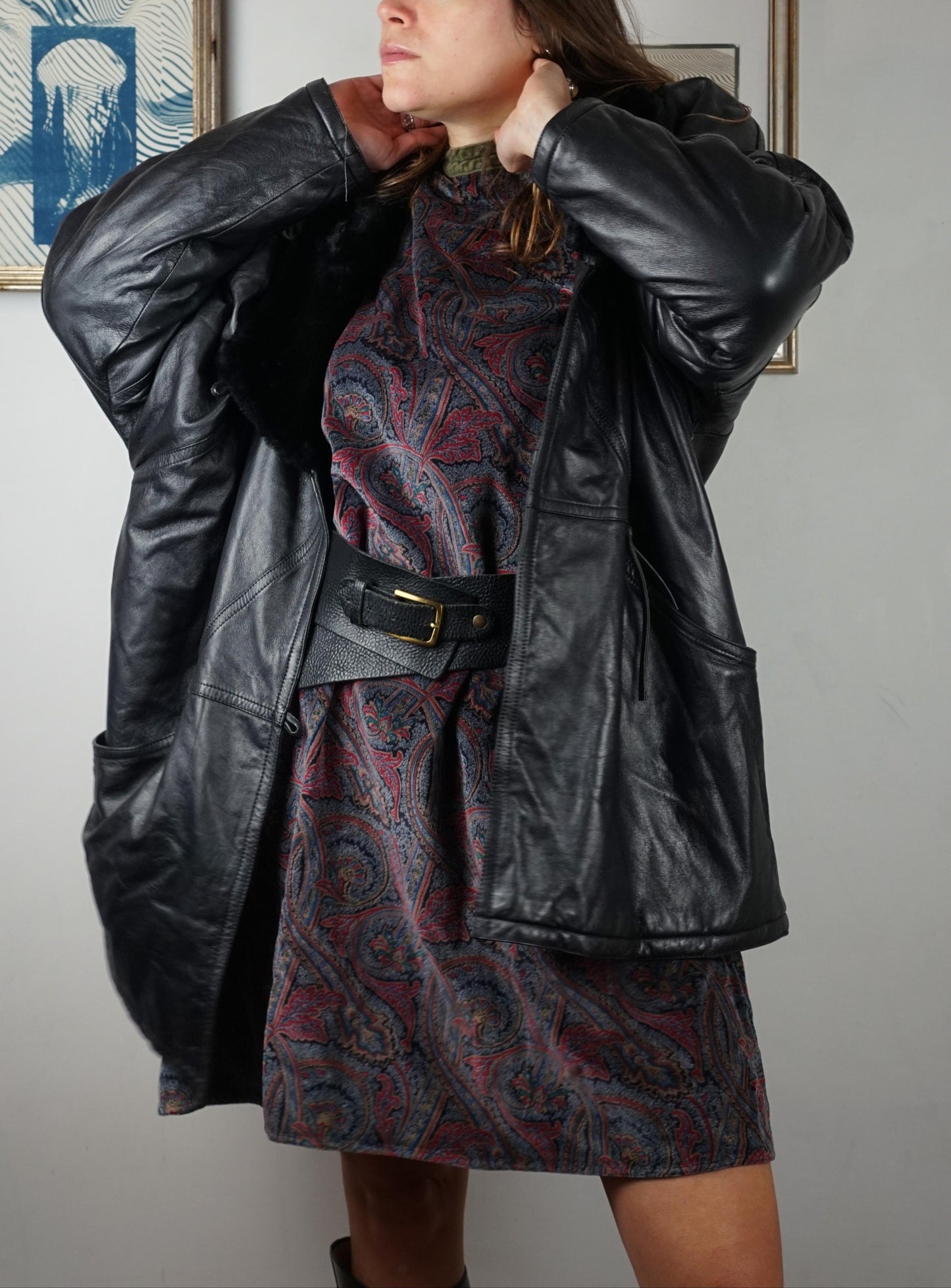 Giacca in pelle e pelliccia sintetica anni '80